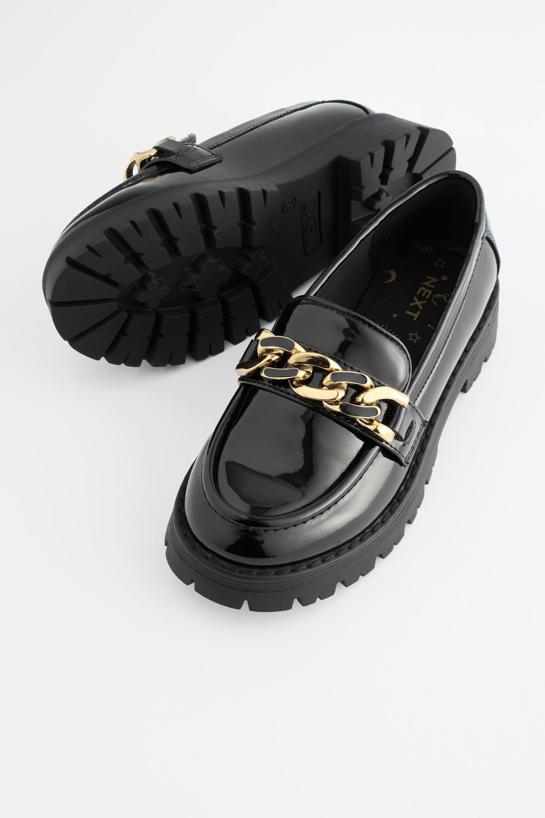 Black Patent Chunky Chain Loafer School Shoes