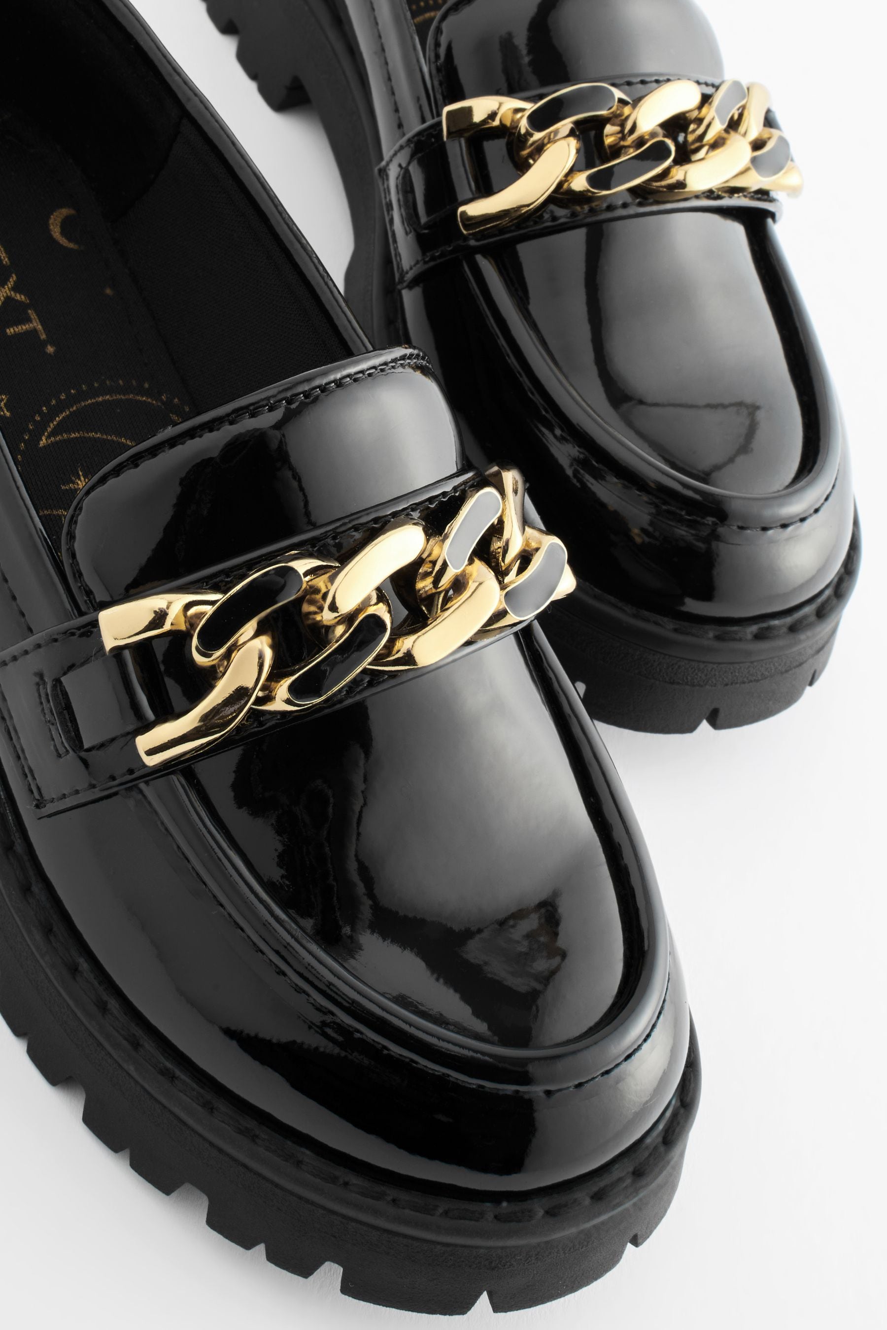 Black Patent Chunky Chain Loafer School Shoes