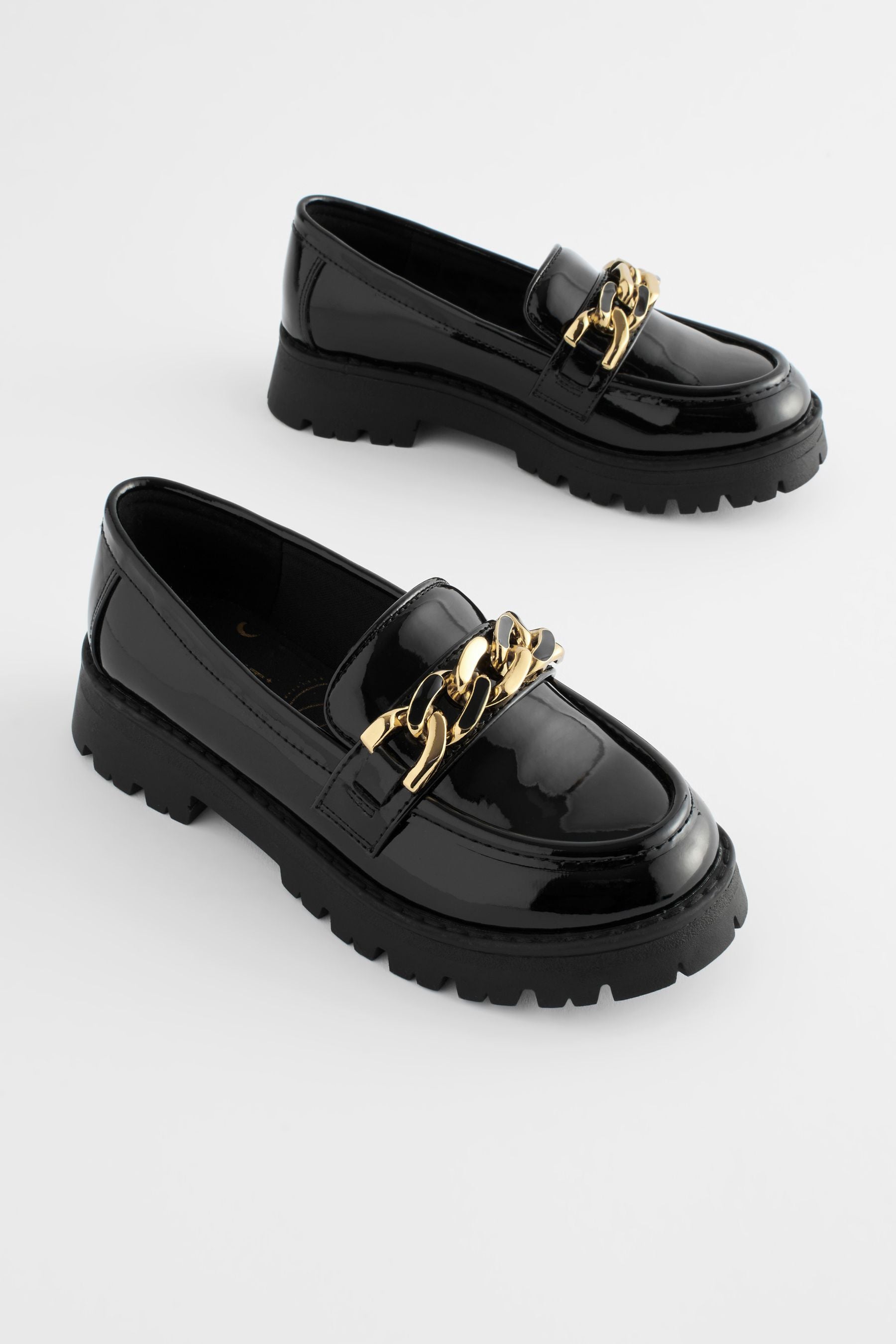 Black Patent Chunky Chain Loafer School Shoes