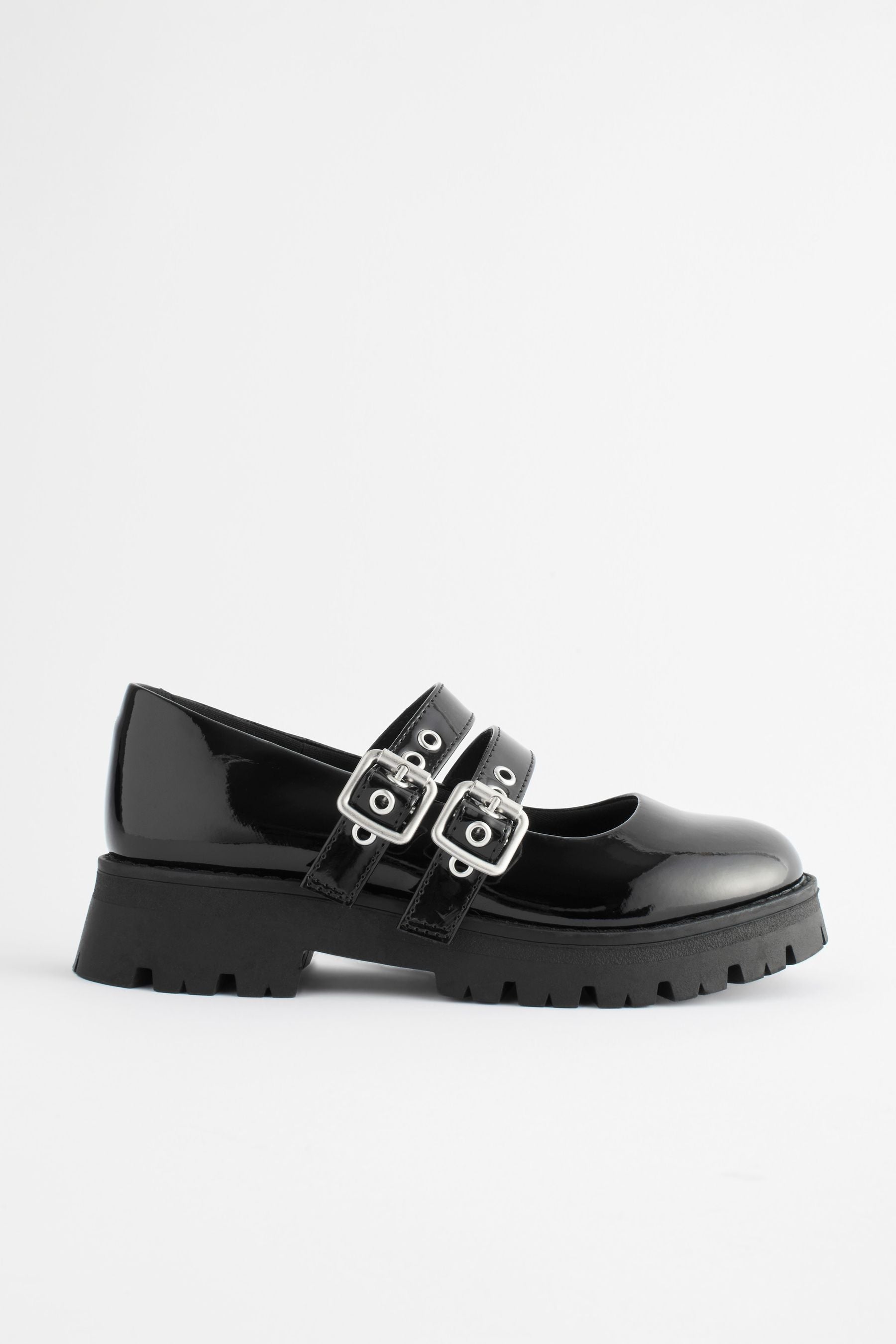 Black Patent Chunky Double Buckle Mary Jane School Shoes