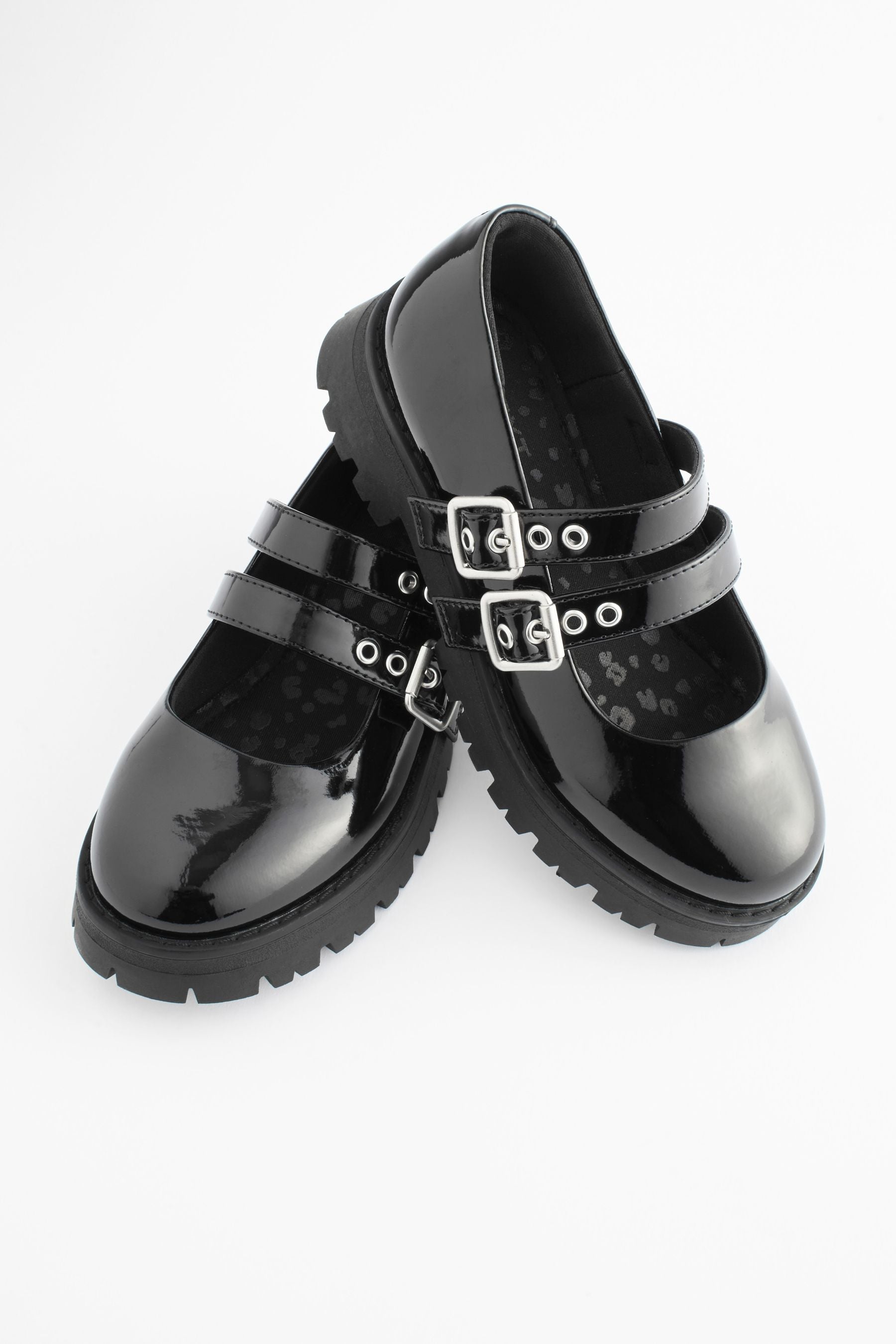 Black Patent Chunky Double Buckle Mary Jane School Shoes