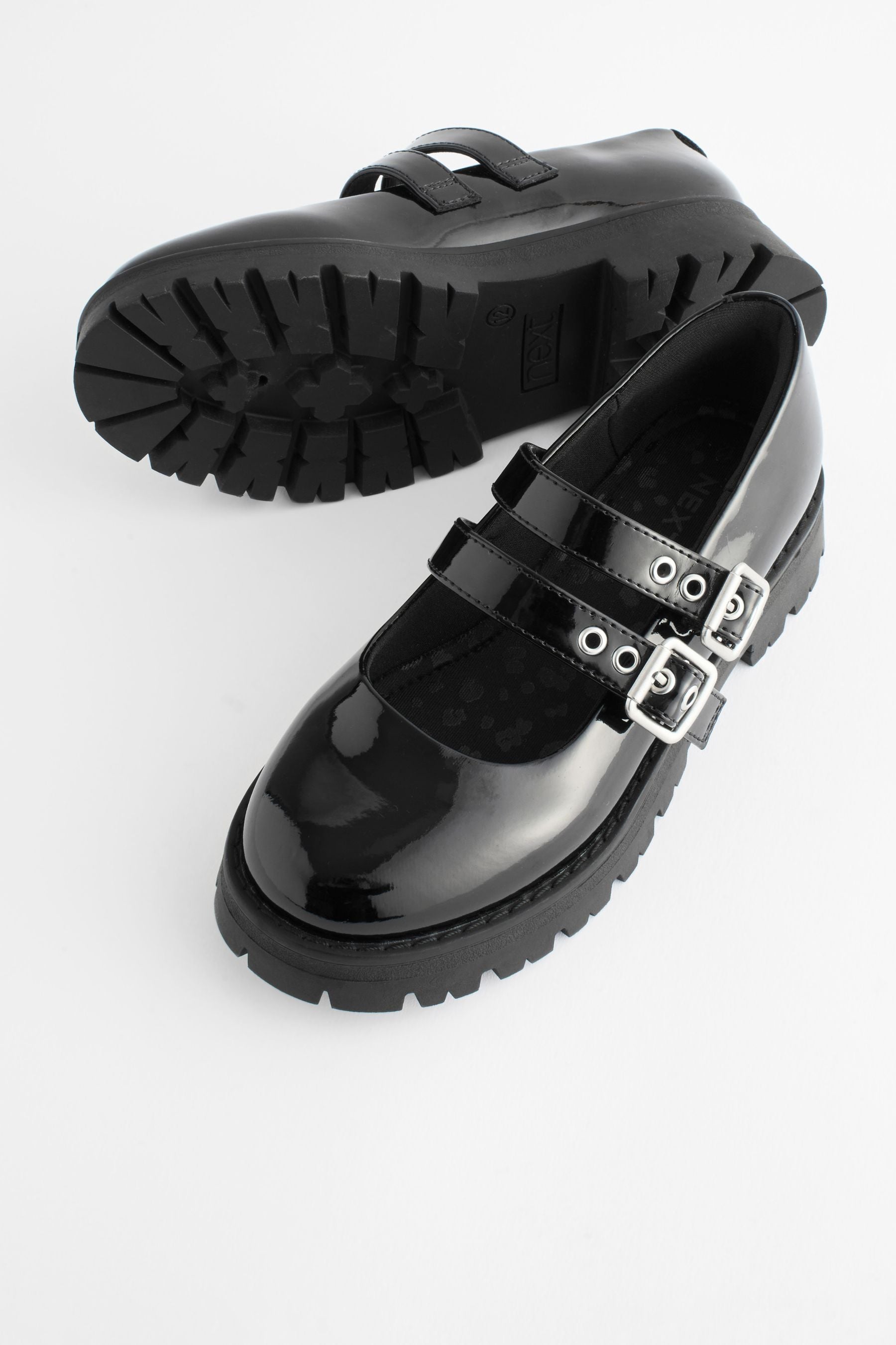 Black Patent Chunky Double Buckle Mary Jane School Shoes