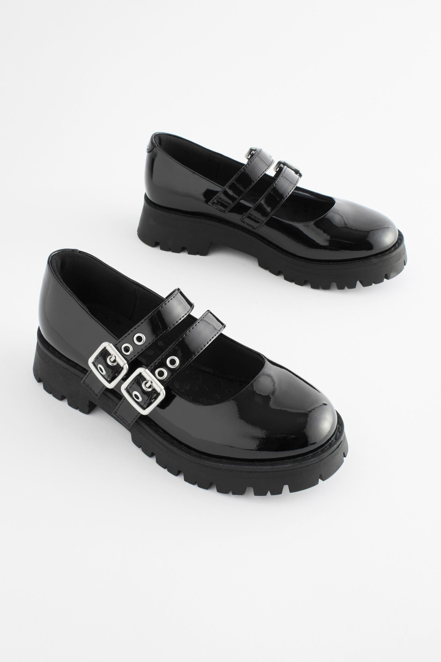 Black Patent Chunky Double Buckle Mary Jane School Shoes