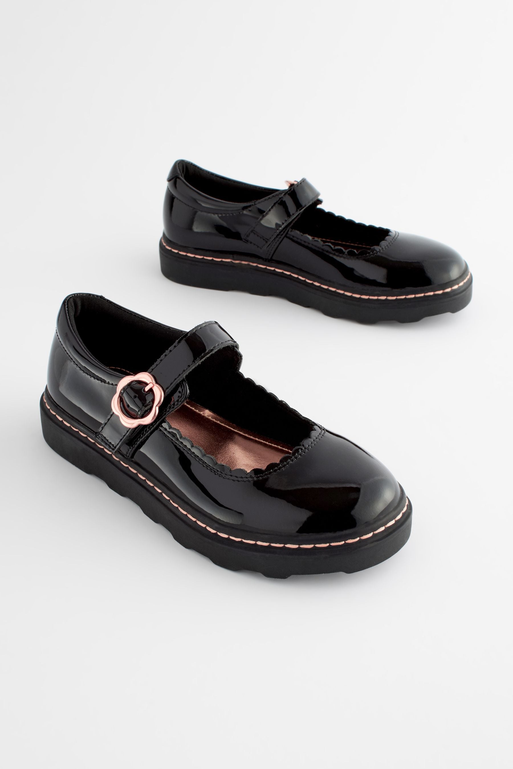 Black Patent Leather Chunky Rose Gold Mary Jane School Shoes