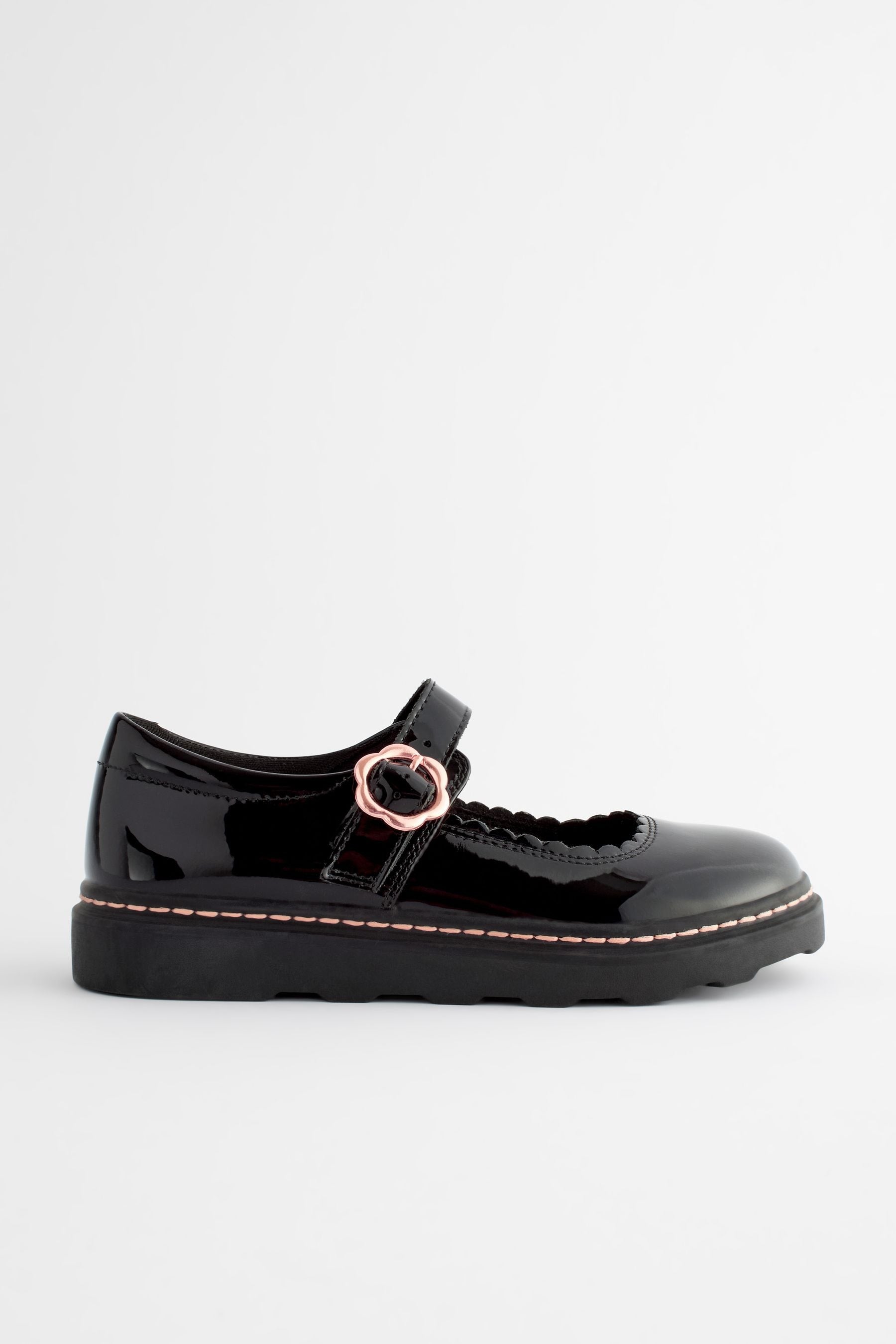 Black Patent Leather Chunky Rose Gold Mary Jane School Shoes