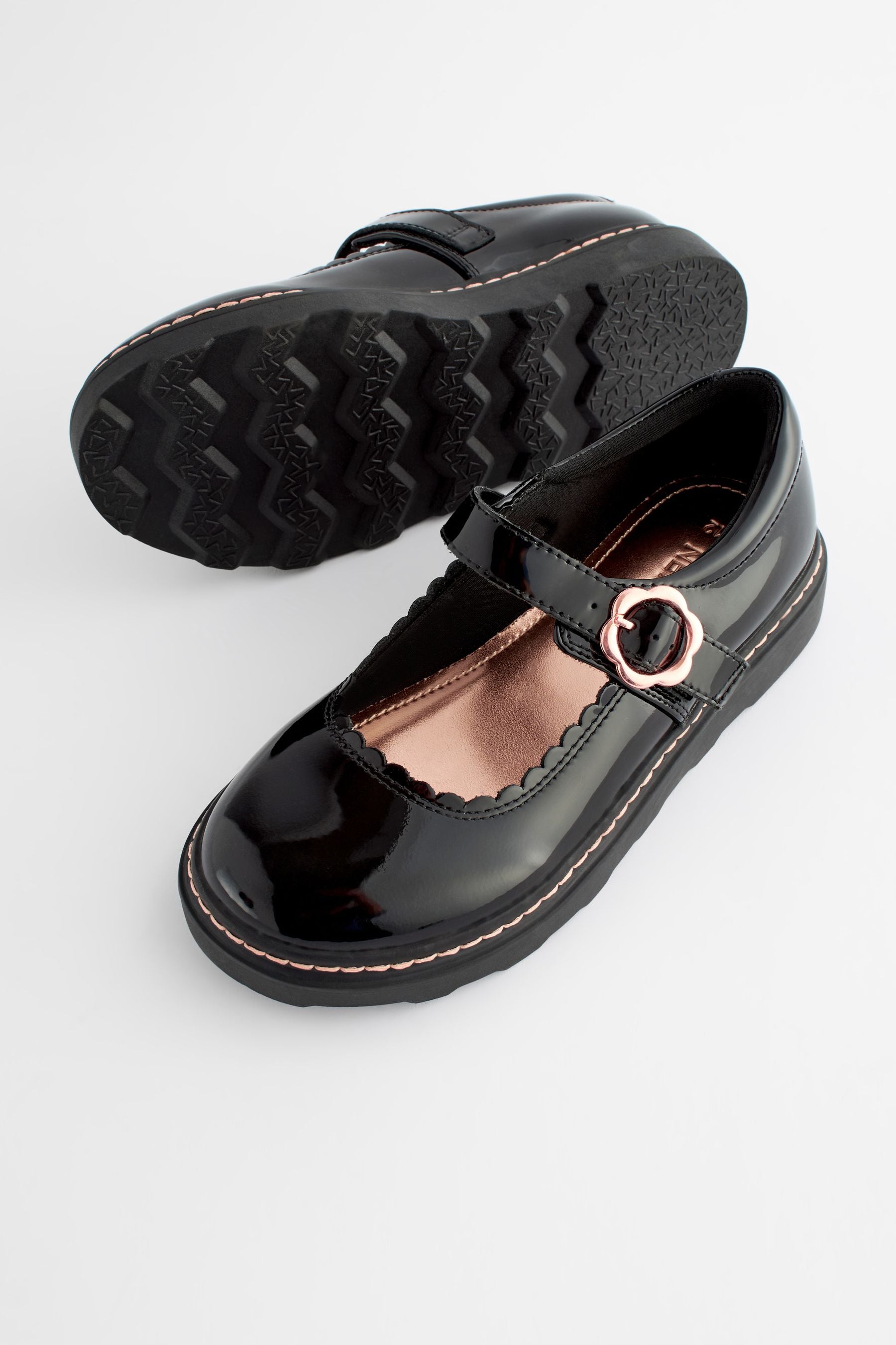 Black Patent Leather Chunky Rose Gold Mary Jane School Shoes