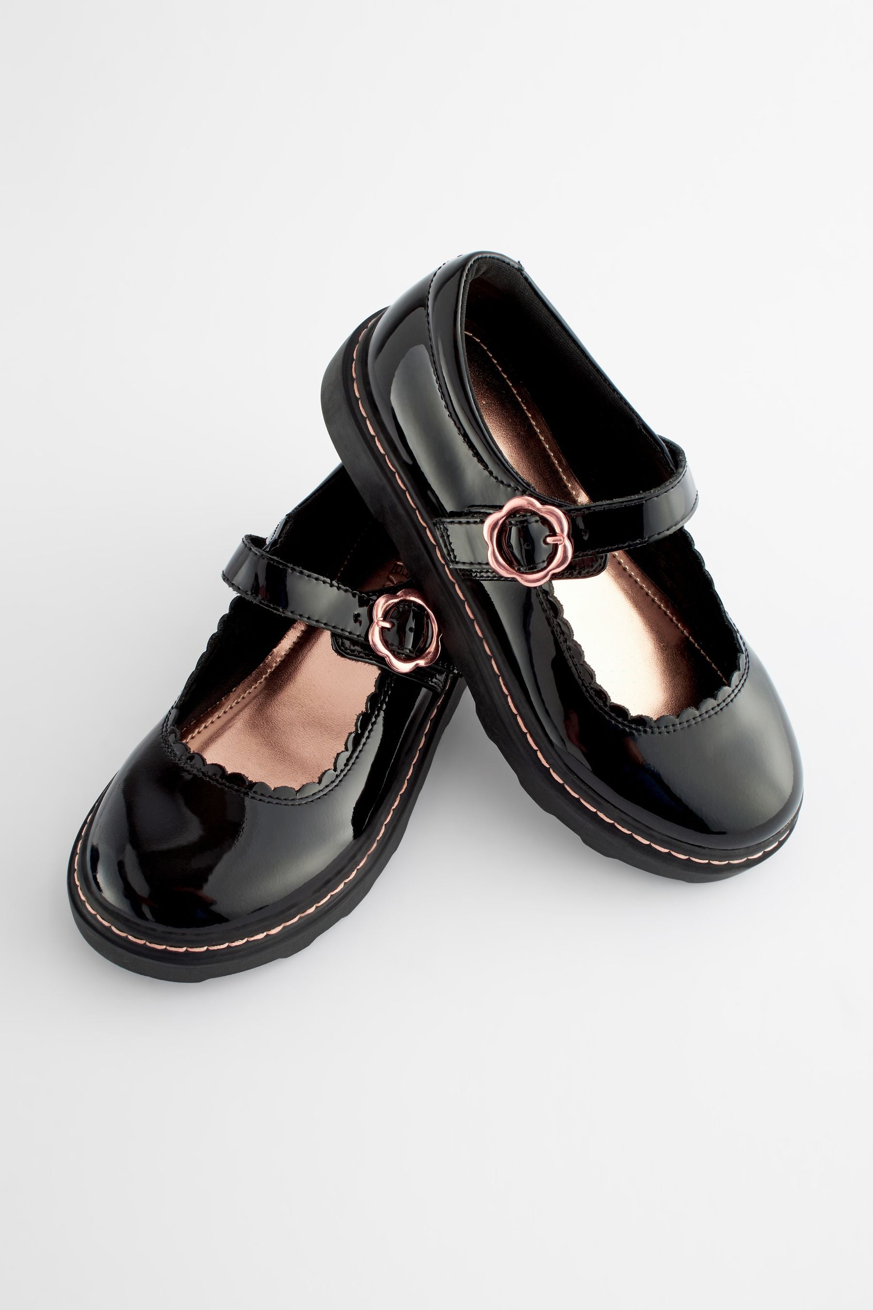 Black Patent Leather Chunky Rose Gold Mary Jane School Shoes