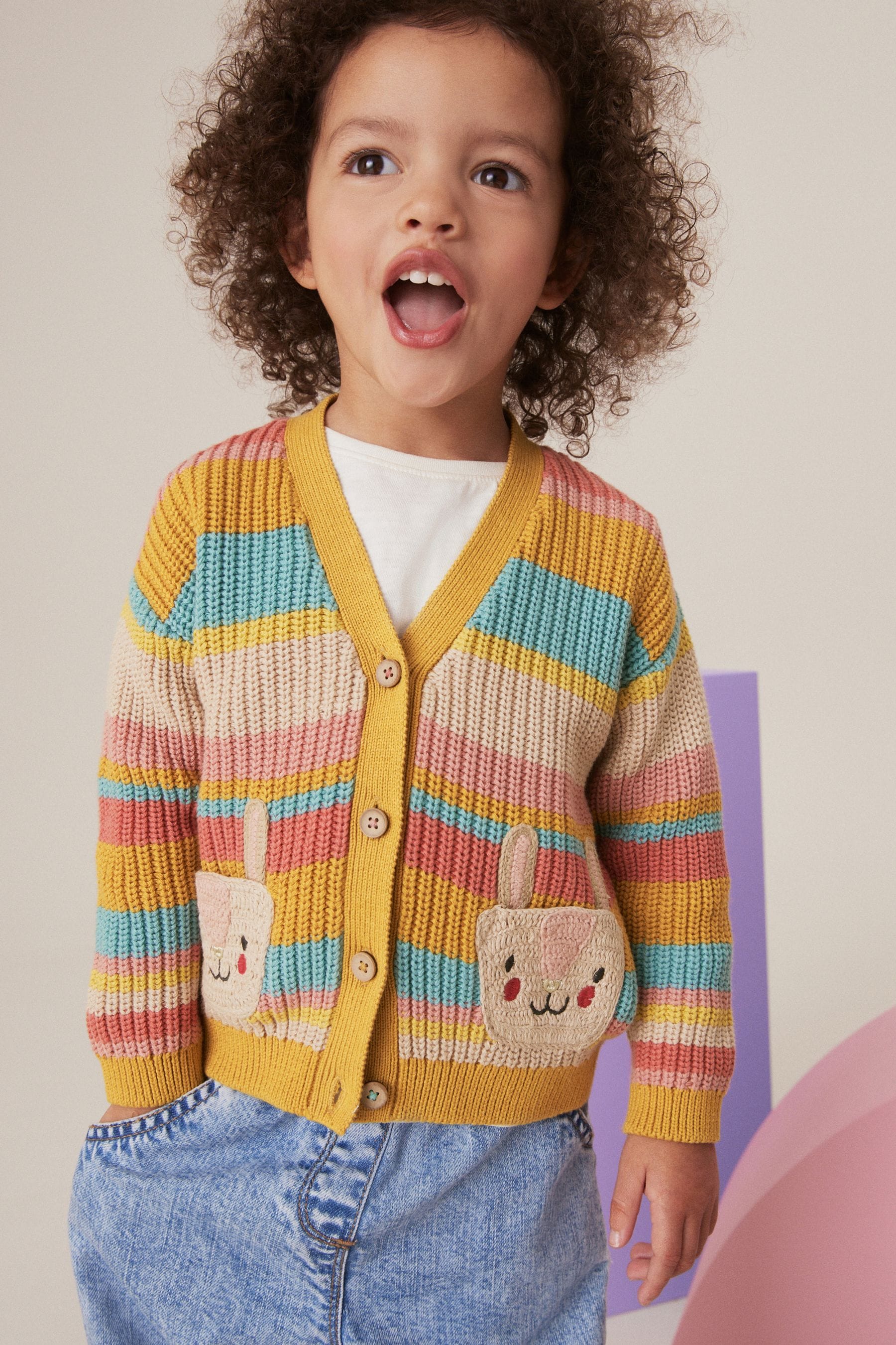 Rainbow 100% Cotton Stripe Bunny Cardigan (3mths-7yrs)