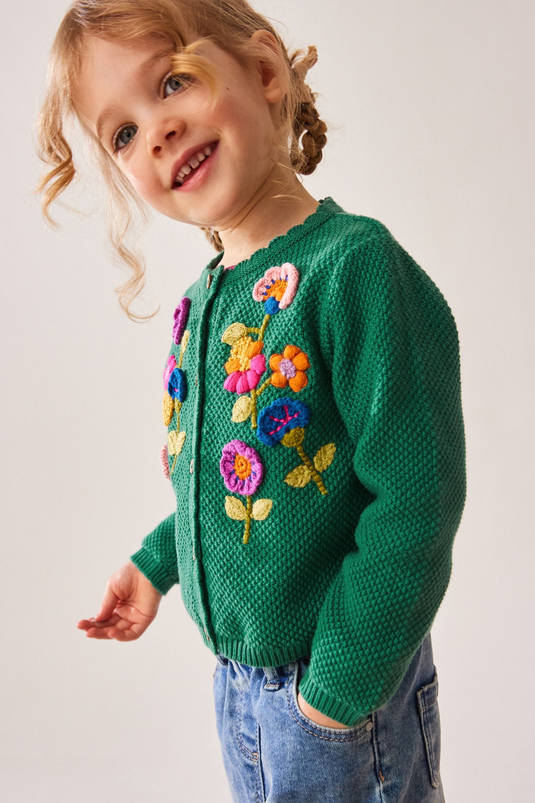 Green Floral Embroidered 100% Cotton Cardigan (3mths-7yrs)