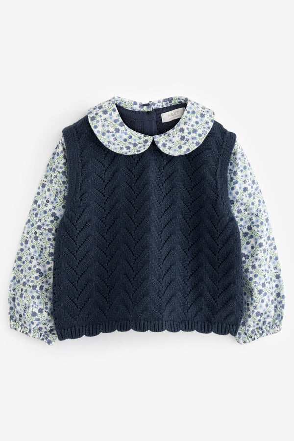 Navy Blue Mock Layer 100% Cotton Jumper (3mths-7yrs)