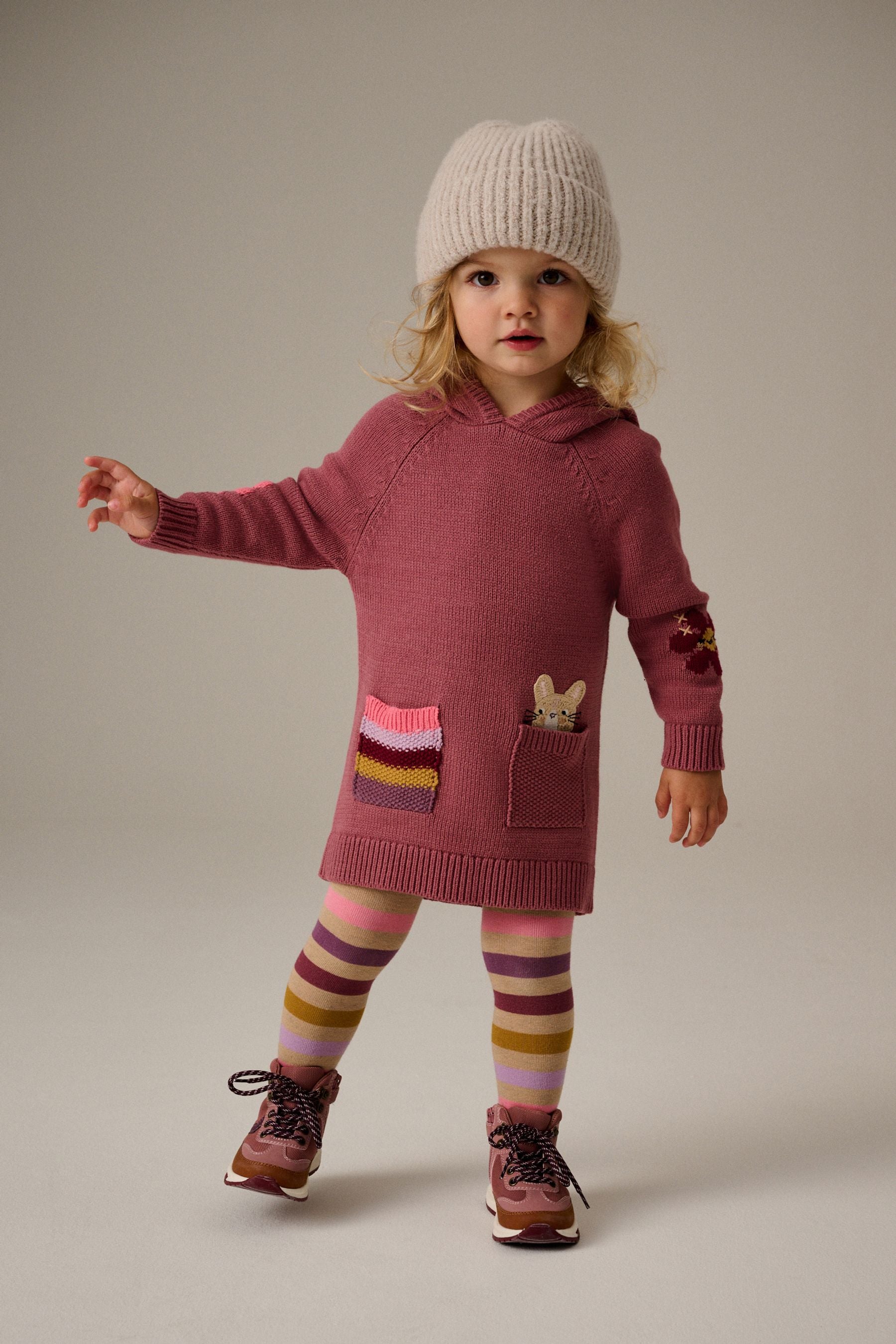 Pink Hooded Character Jumper Dress & Tights Set (3mths-7yrs)