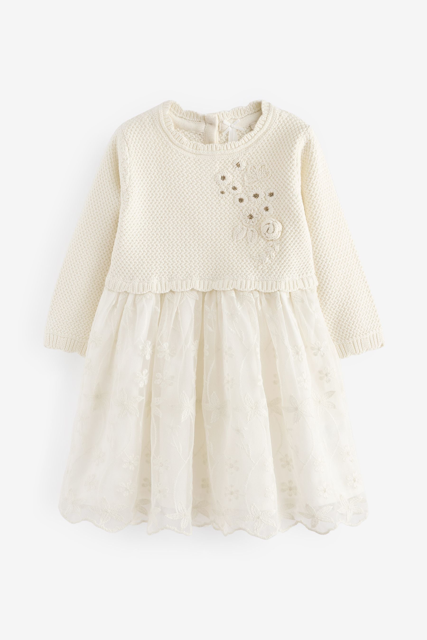 Ecru 2-in-1 Occasion Long Sleeve Knitted Jumper Dress (3mths-10yrs)