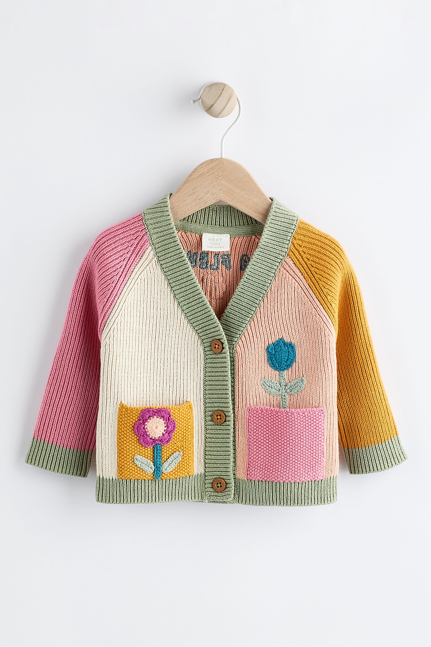 Pink/ Green/ Ochre Yellow Colourblock Baby Knitted Cardigan (0mths-3yrs)