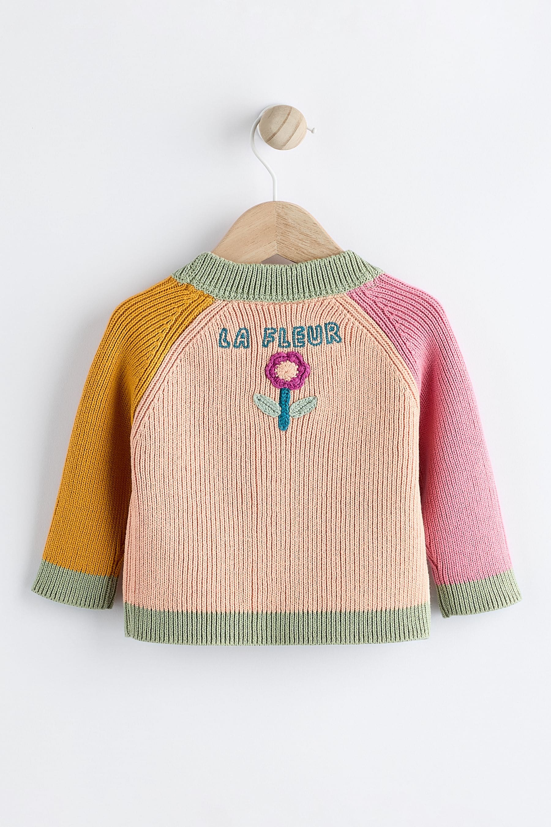 Pink/ Green/ Ochre Yellow Colourblock Baby Knitted Cardigan (0mths-3yrs)