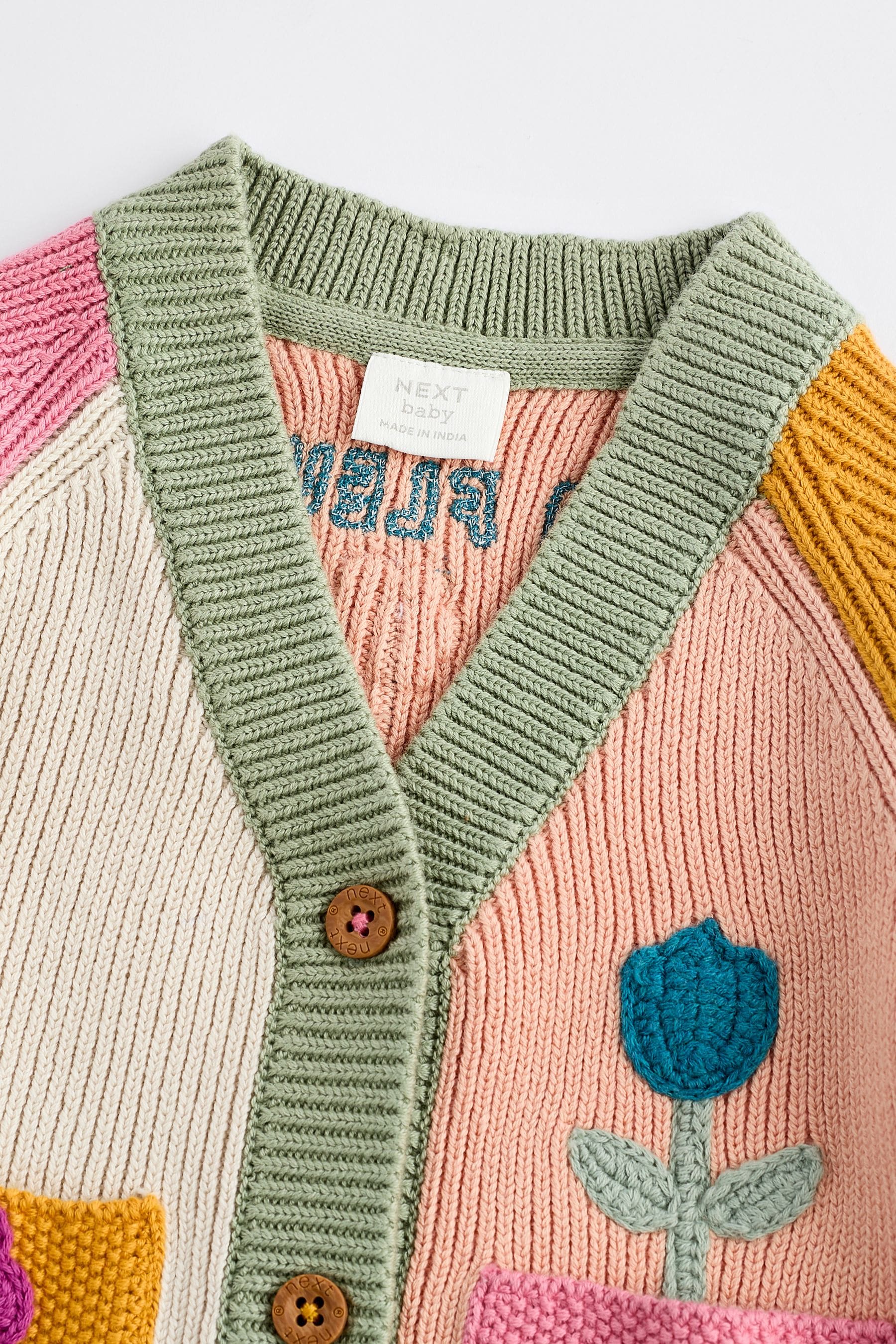 Pink/ Green/ Ochre Yellow Colourblock Baby Knitted Cardigan (0mths-3yrs)