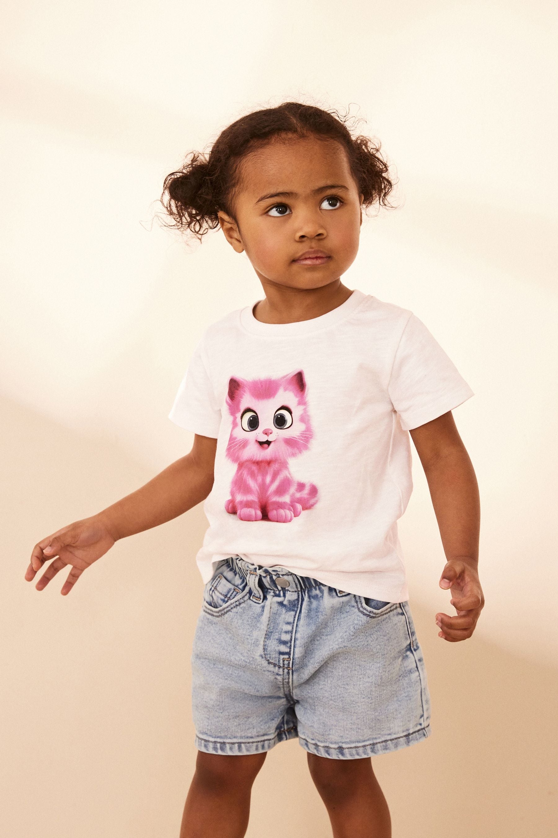 White Pink Cat Short Sleeve T-Shirt (3mths-7yrs)