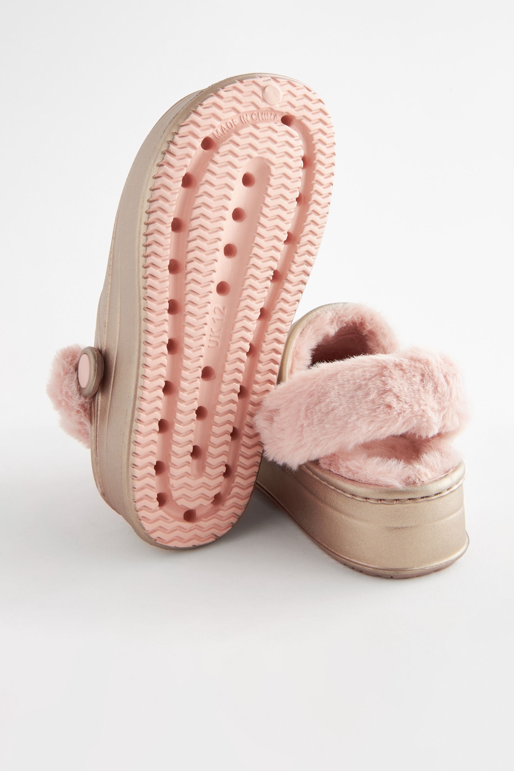 Rose Gold Metallic Faux Fur Lined Chunky Clog Slippers