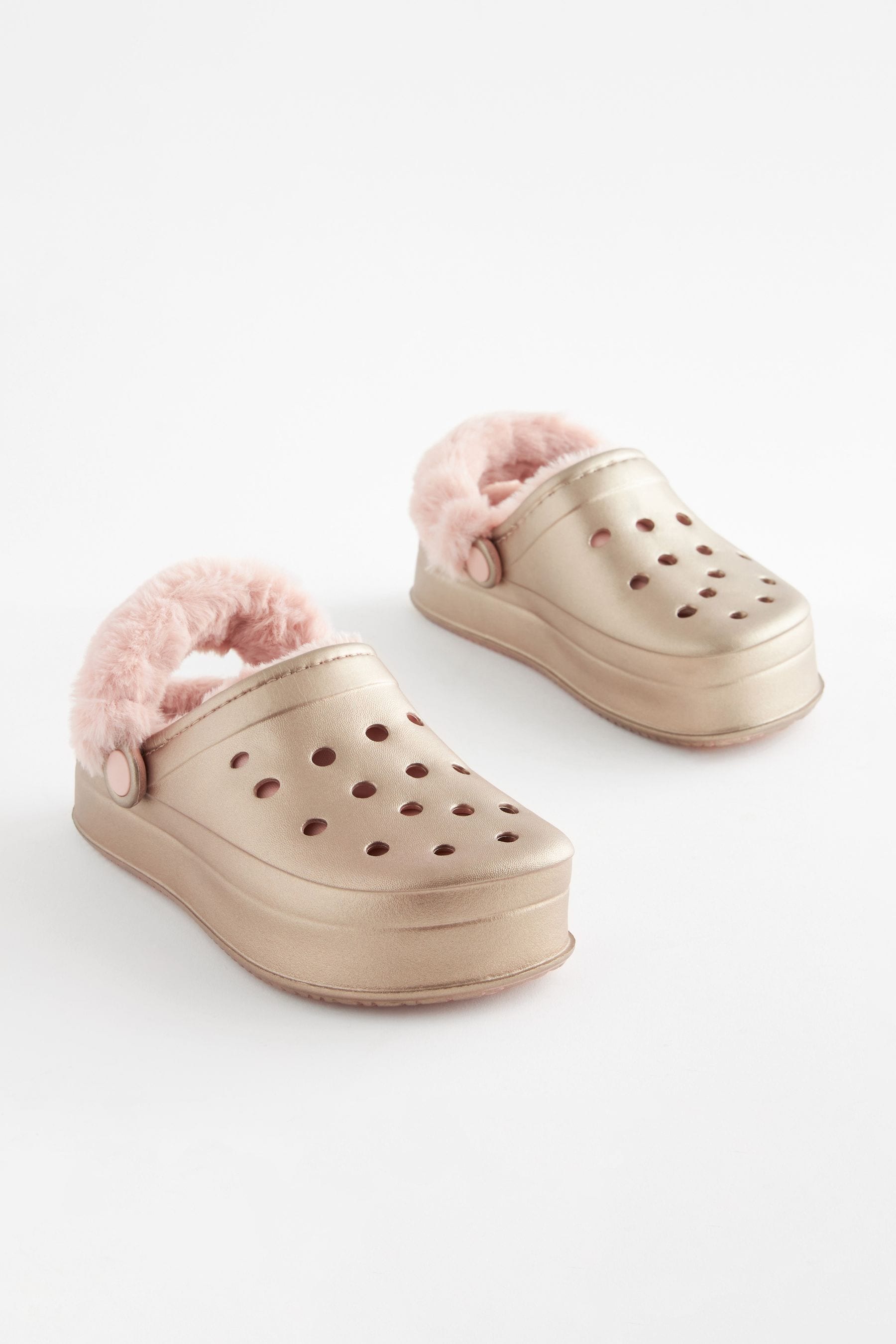 Rose Gold Metallic Faux Fur Lined Chunky Clog Slippers