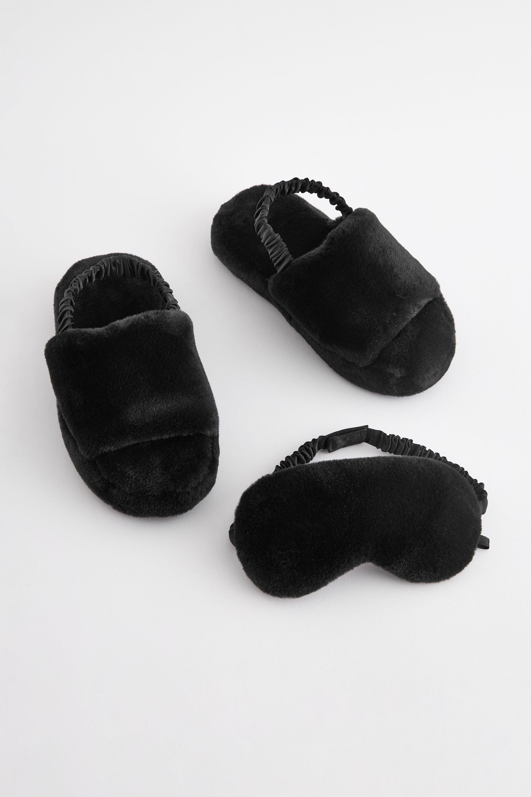 Black Faux Fur Slippers and Eye Mask Set