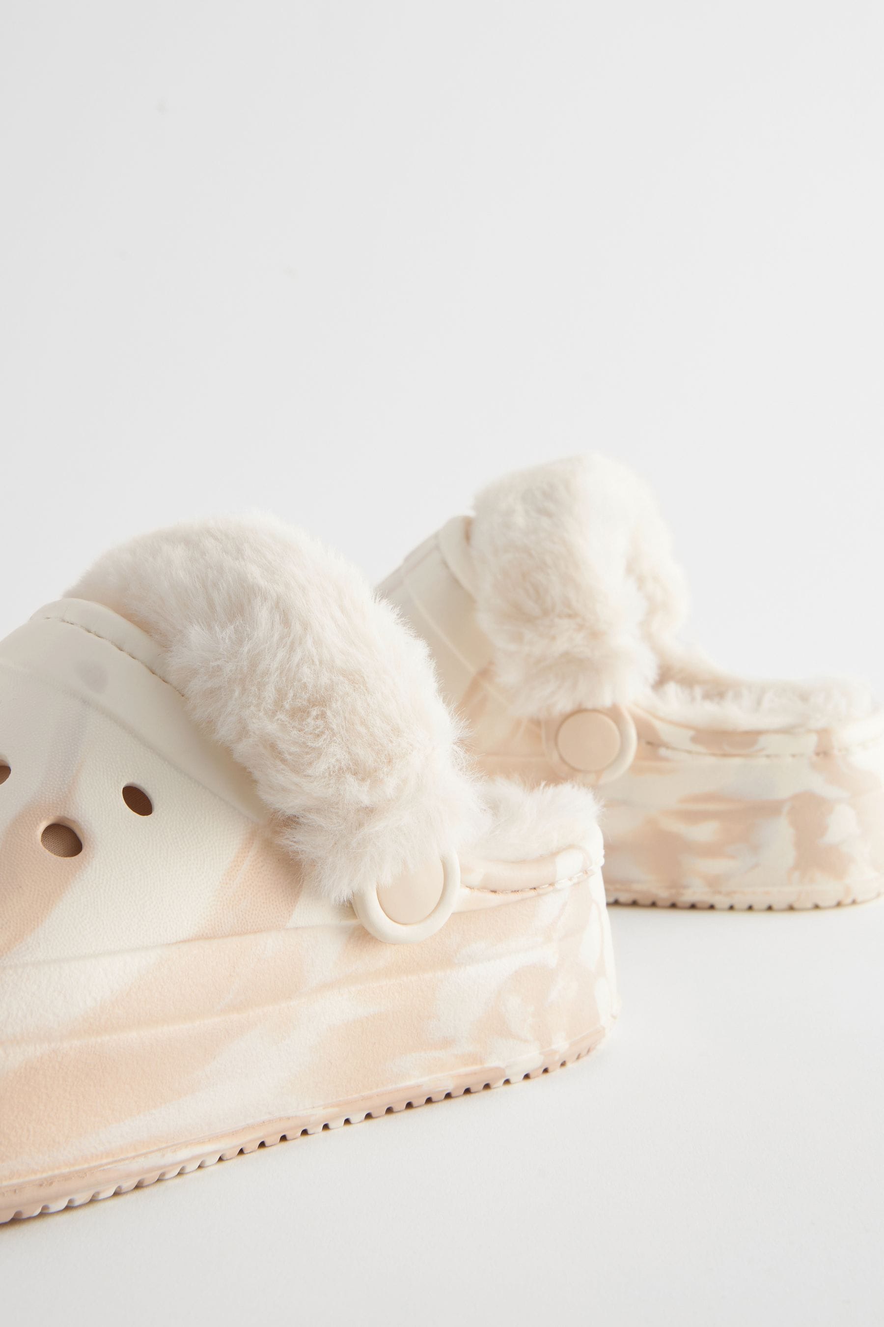 White Brown Marble Faux Fur Lined Chunky Clog Slippers