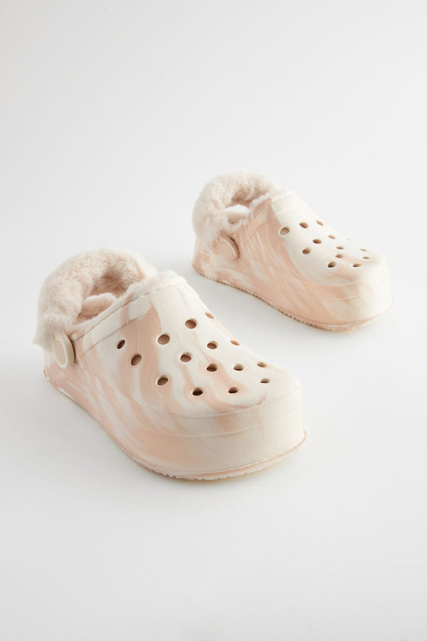 White Brown Marble Faux Fur Lined Chunky Clog Slippers