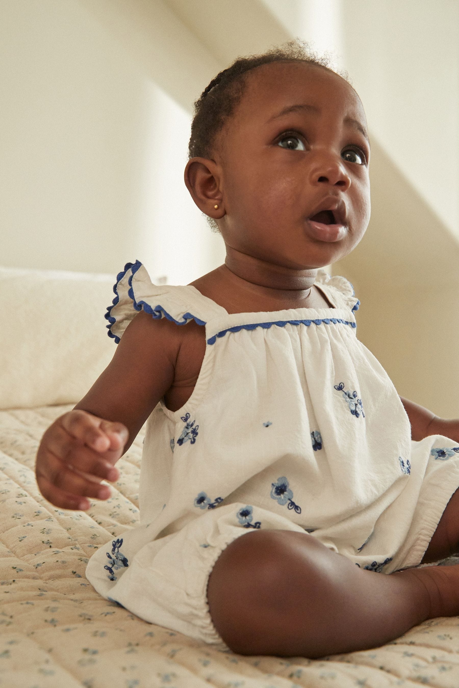 White/Blue Floral Embroidered Baby Woven Romper (0mths-2yrs)