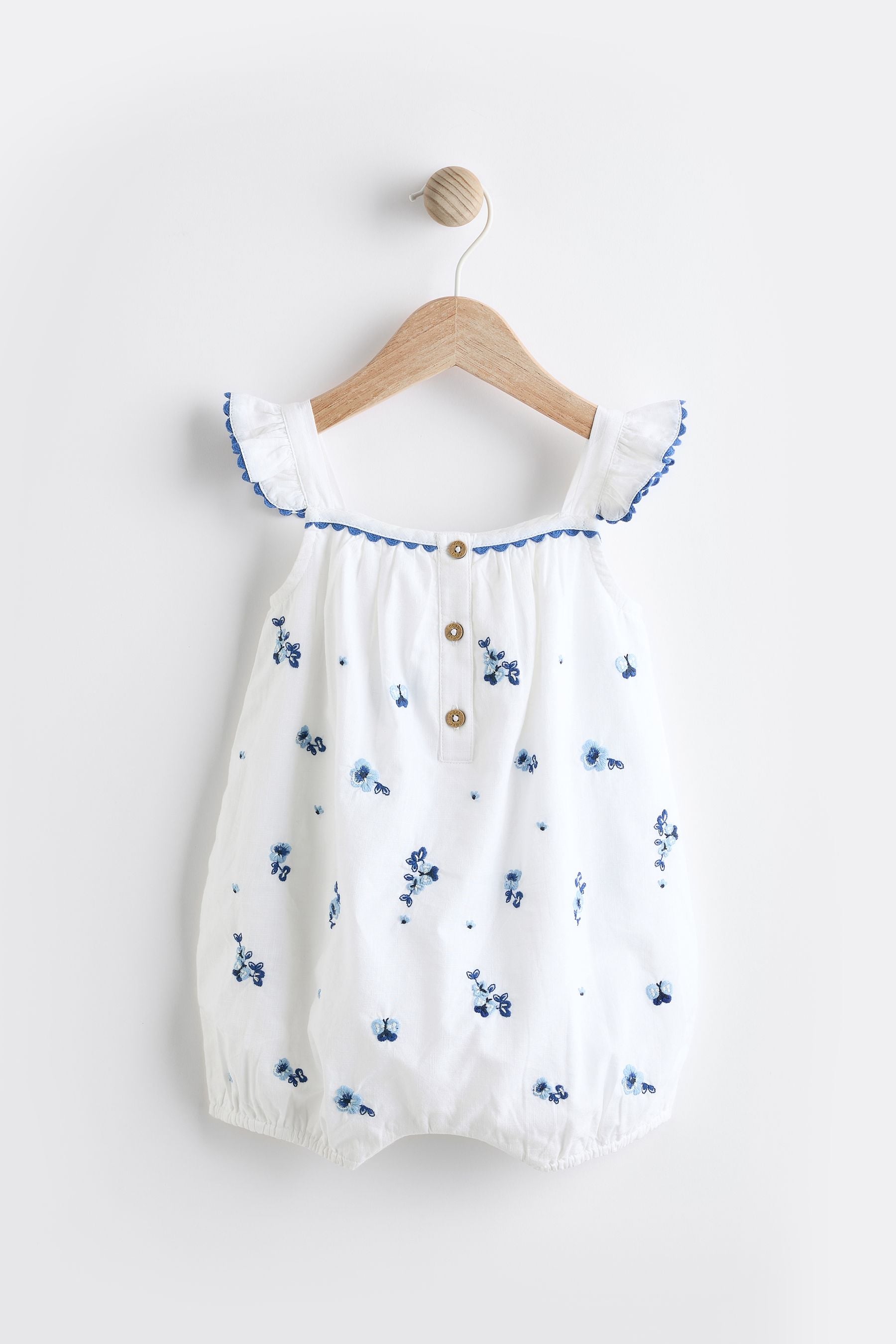 White/Blue Floral Embroidered Baby Woven Romper (0mths-2yrs)