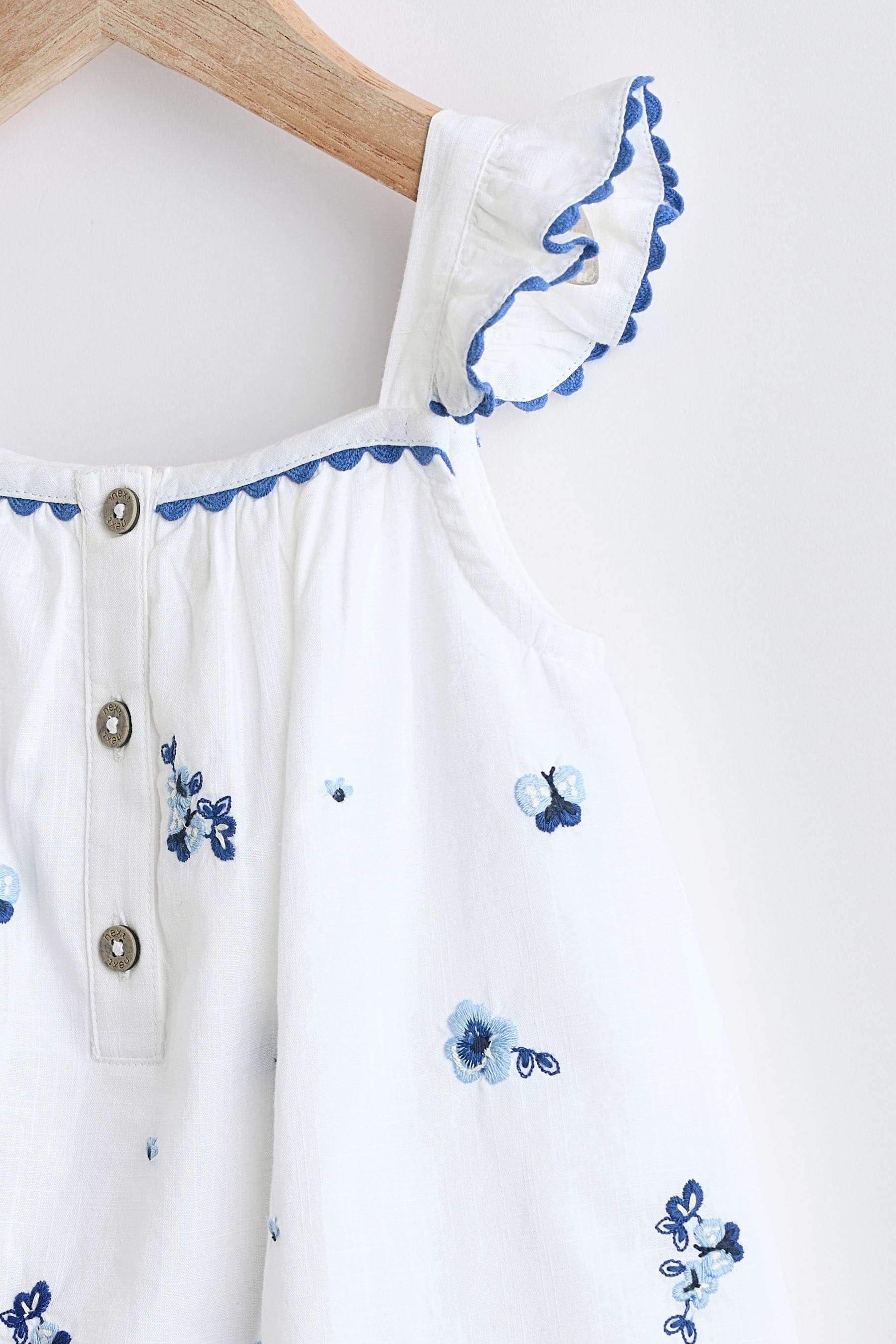 White/Blue Floral Embroidered Baby Woven Romper (0mths-2yrs)