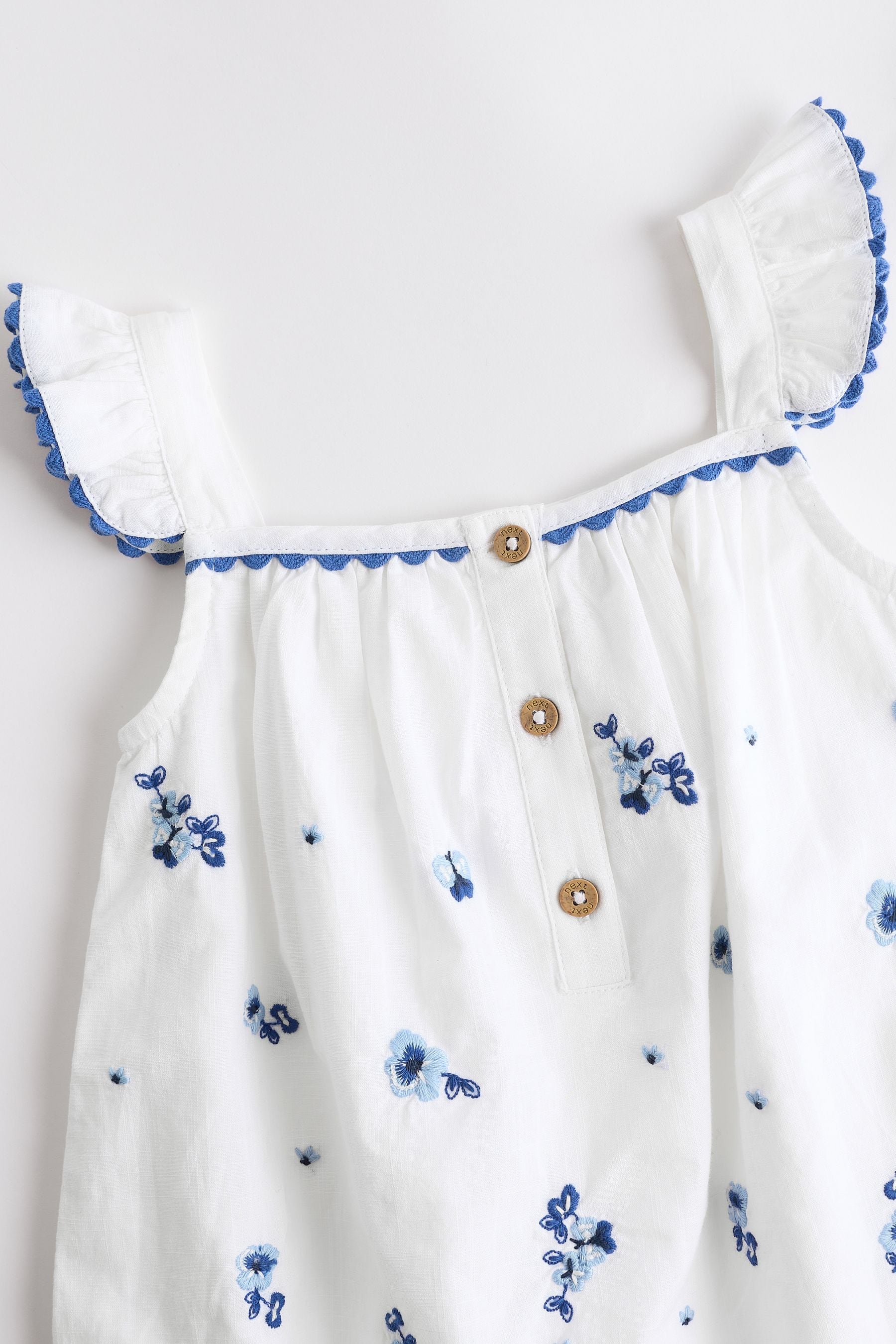 White/Blue Floral Embroidered Baby Woven Romper (0mths-2yrs)