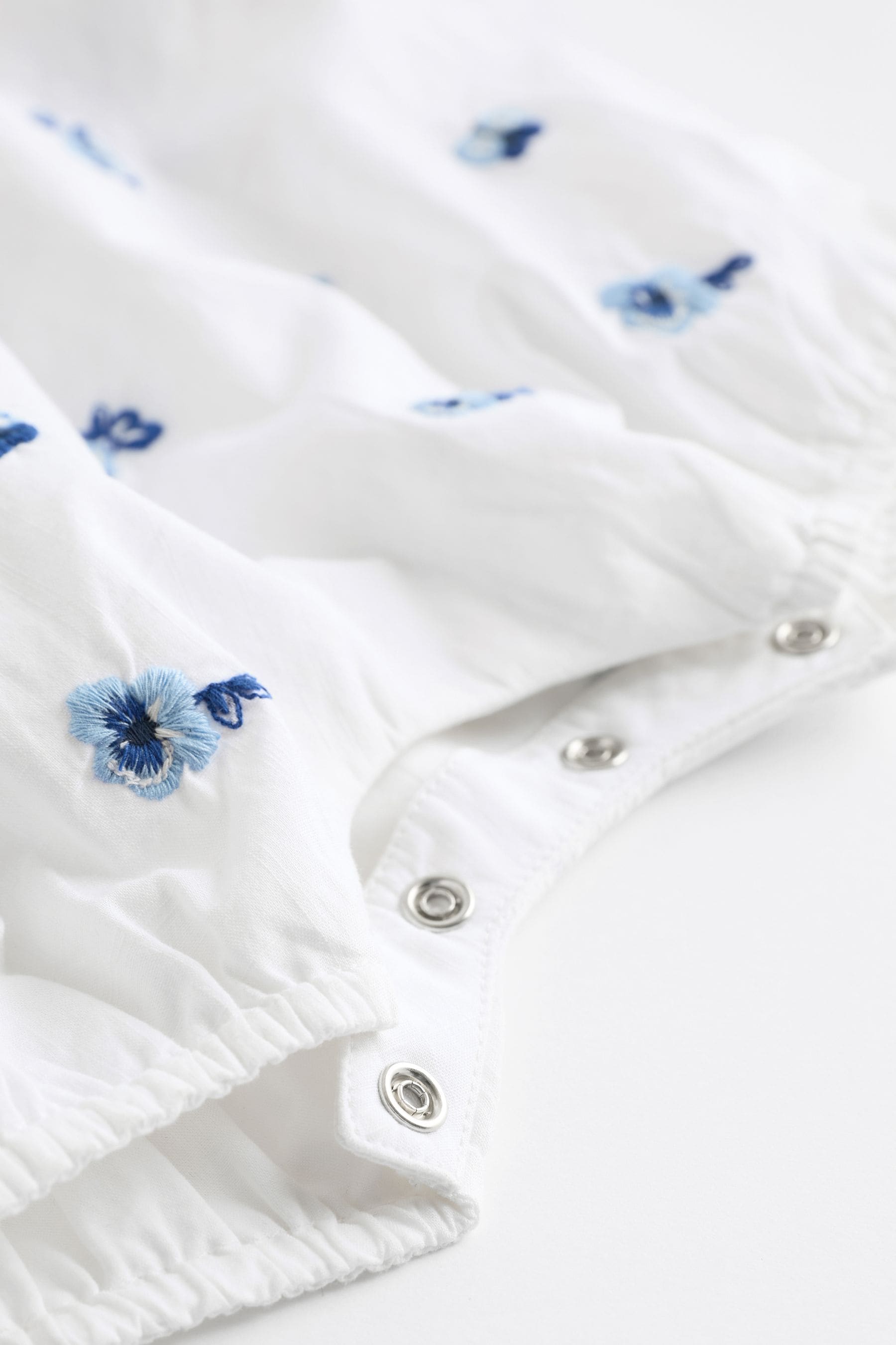 White/Blue Floral Embroidered Baby Woven Romper (0mths-2yrs)