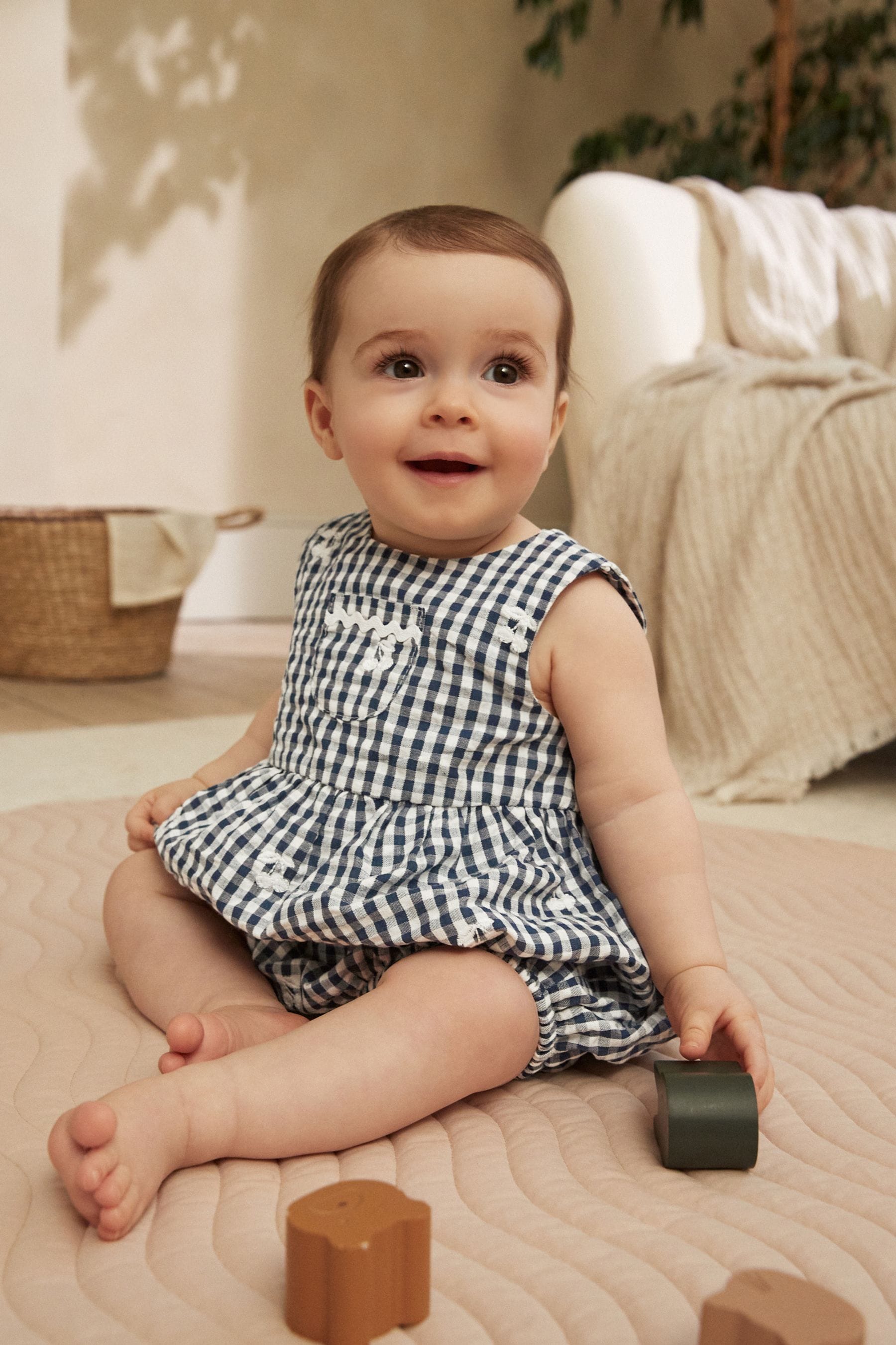 Navy Blue/White Gingham Woven Baby Bloomer Romper (0mths-2yrs)