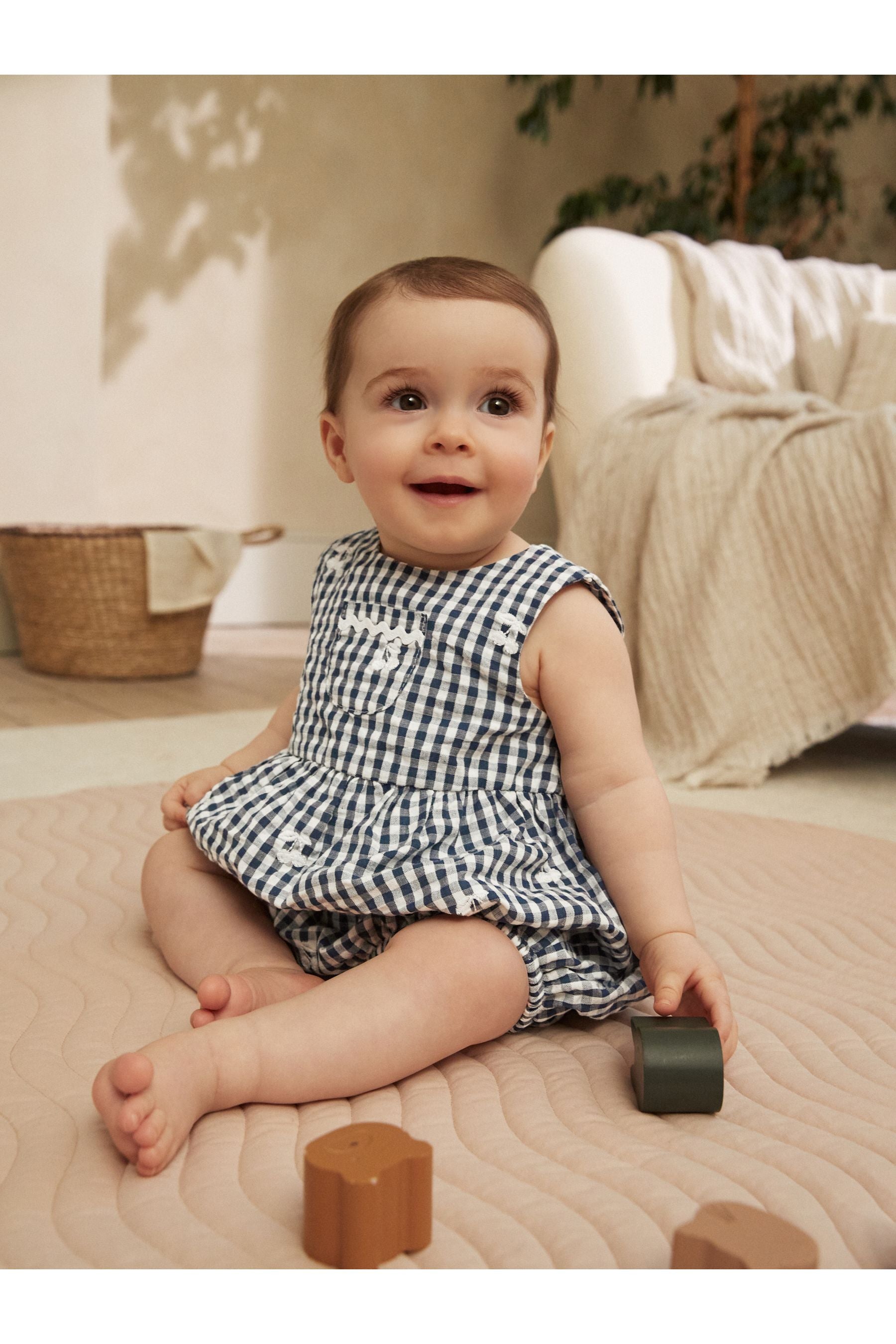 Navy Blue/White Gingham Woven Baby Bloomer Romper (0mths-2yrs)