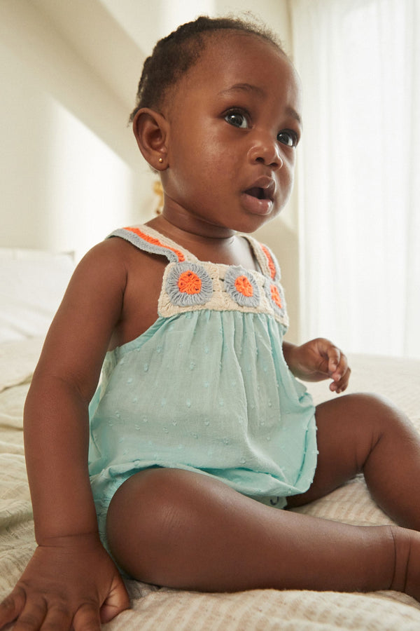 Aqua Blue/Coral Baby Crochet Bloomer 100% Cotton Romper (0mths-2yrs)