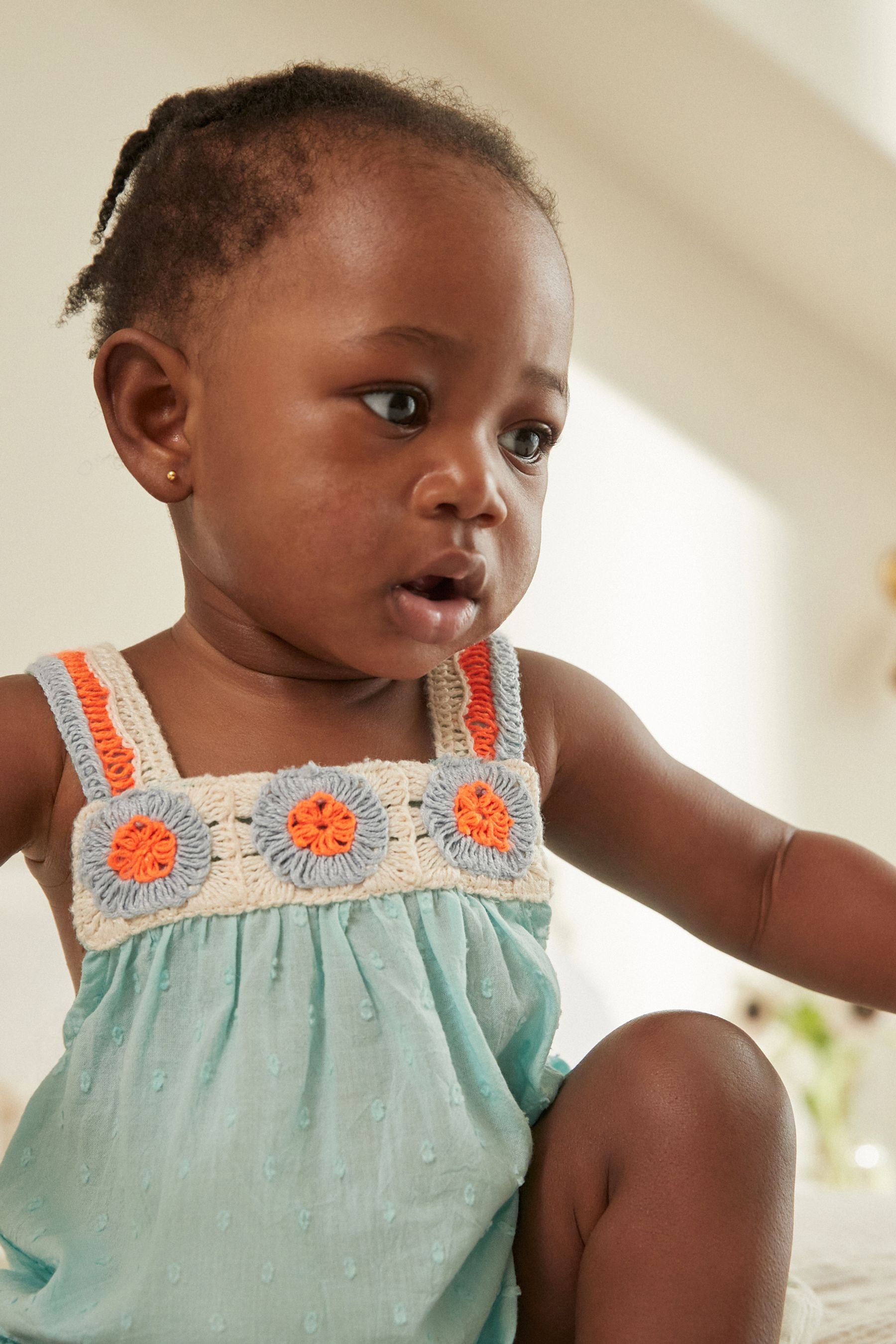 Aqua Blue/Coral Baby Crochet Bloomer 100% Cotton Romper (0mths-2yrs)