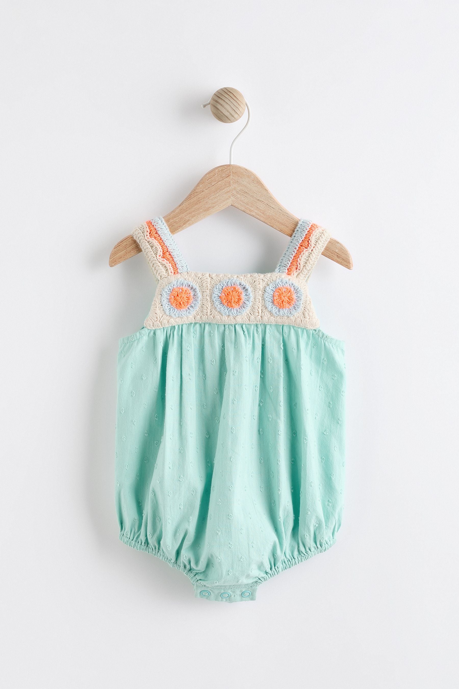 Aqua Blue/Coral Baby Crochet Bloomer 100% Cotton Romper (0mths-2yrs)