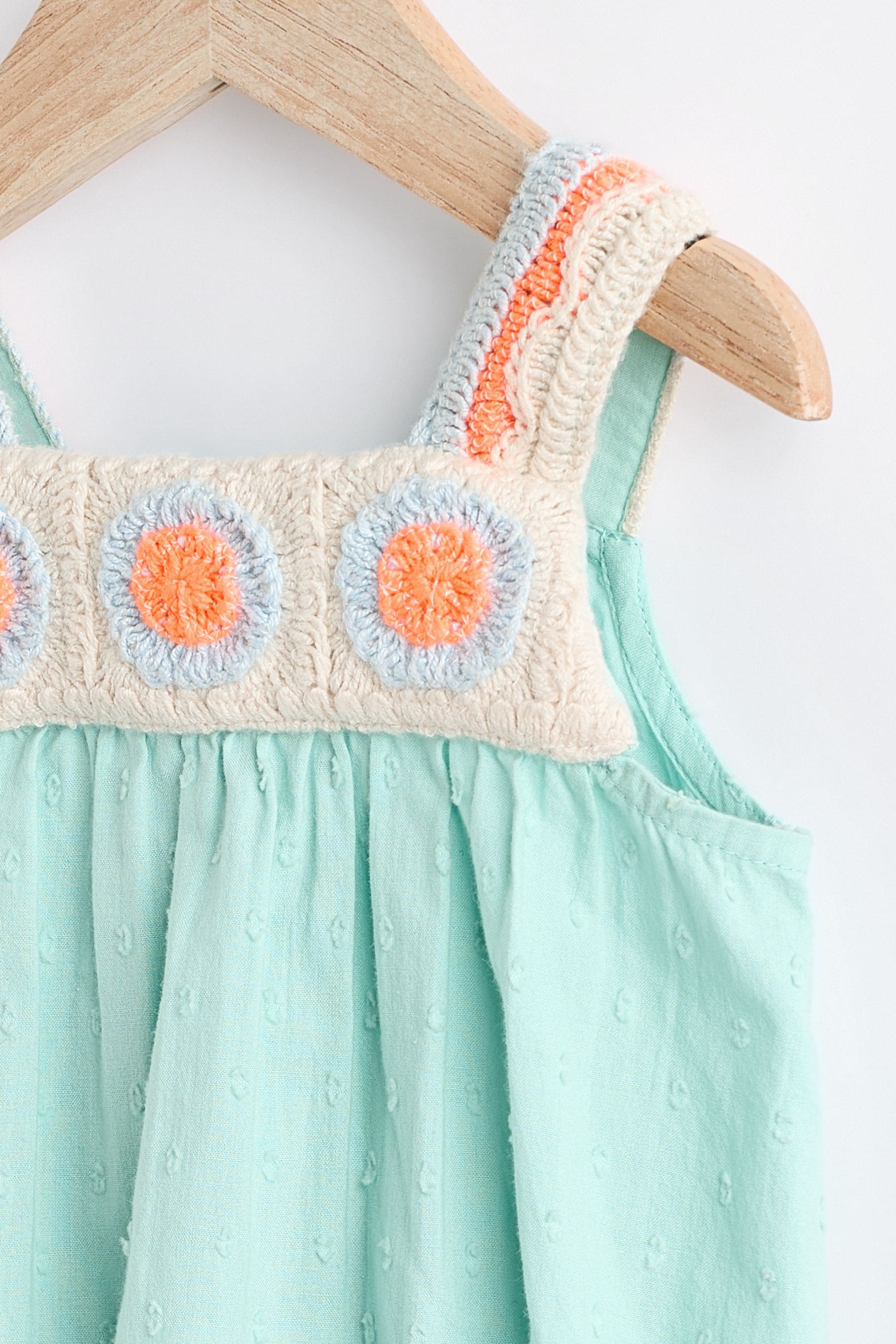 Aqua Blue/Coral Baby Crochet Bloomer 100% Cotton Romper (0mths-2yrs)