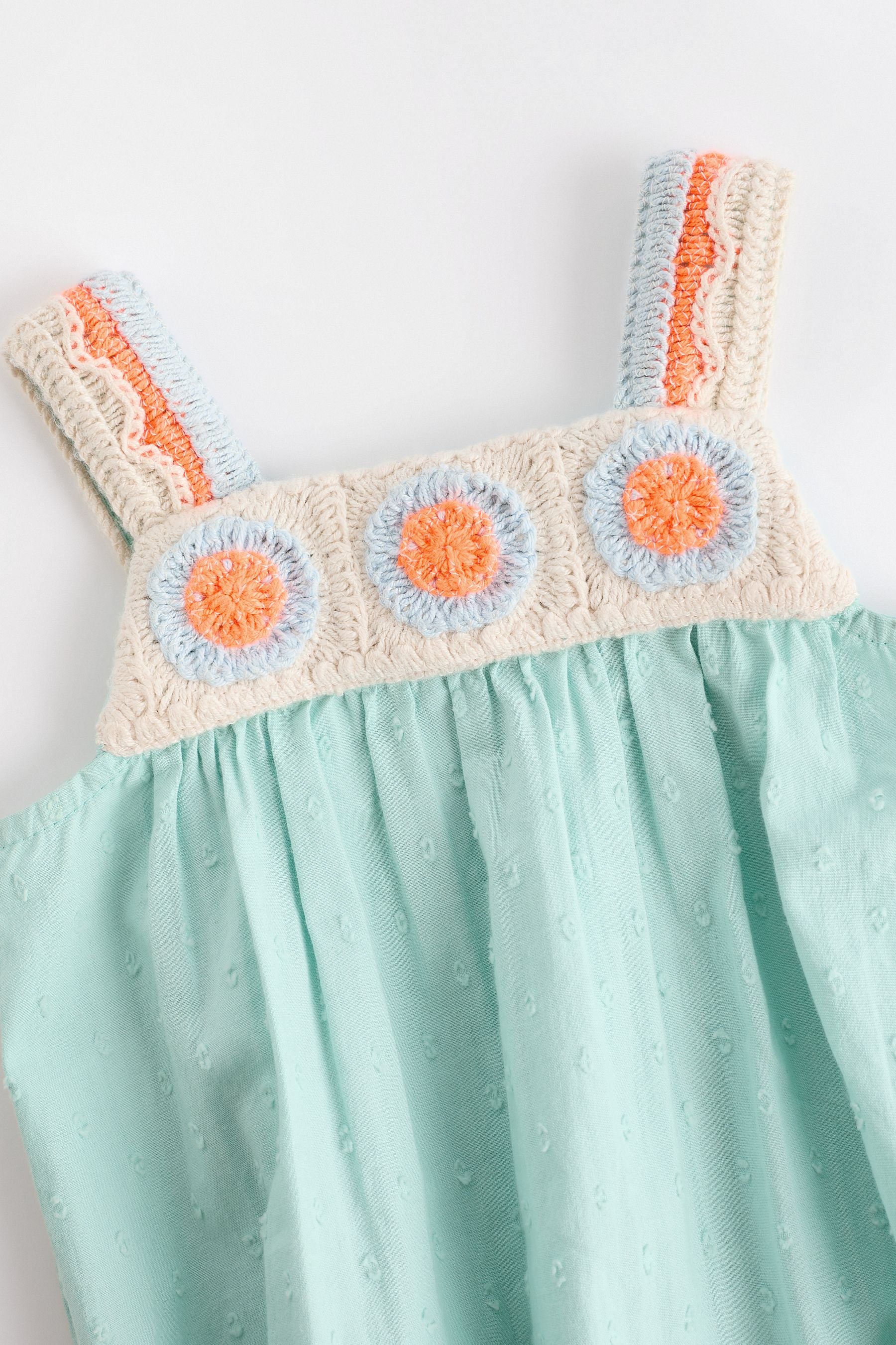 Aqua Blue/Coral Baby Crochet Bloomer 100% Cotton Romper (0mths-2yrs)