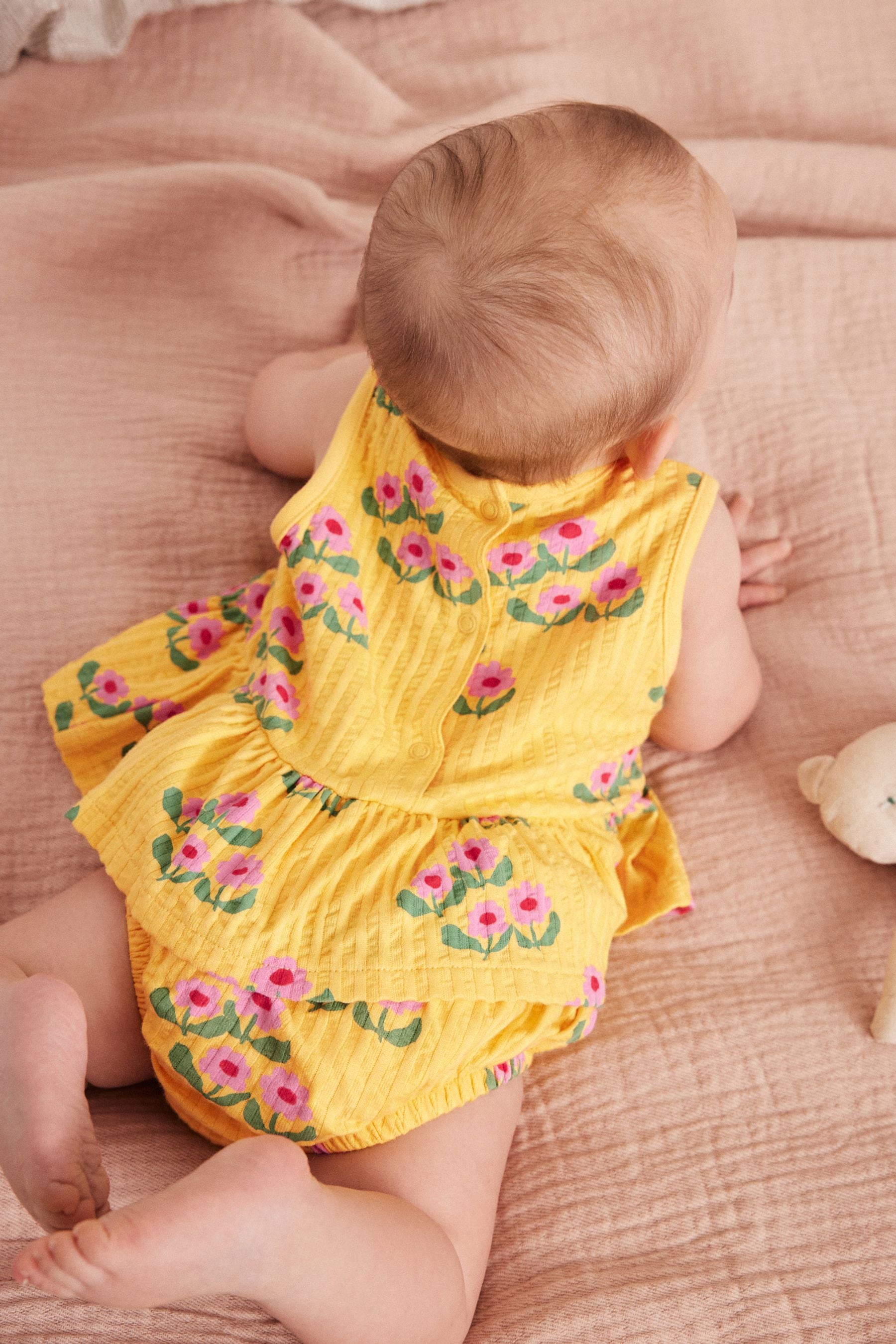 Ochre Yellow Floral Baby Peplum 100% Cotton Vest and Bloomer Shorts Set 2 Piece