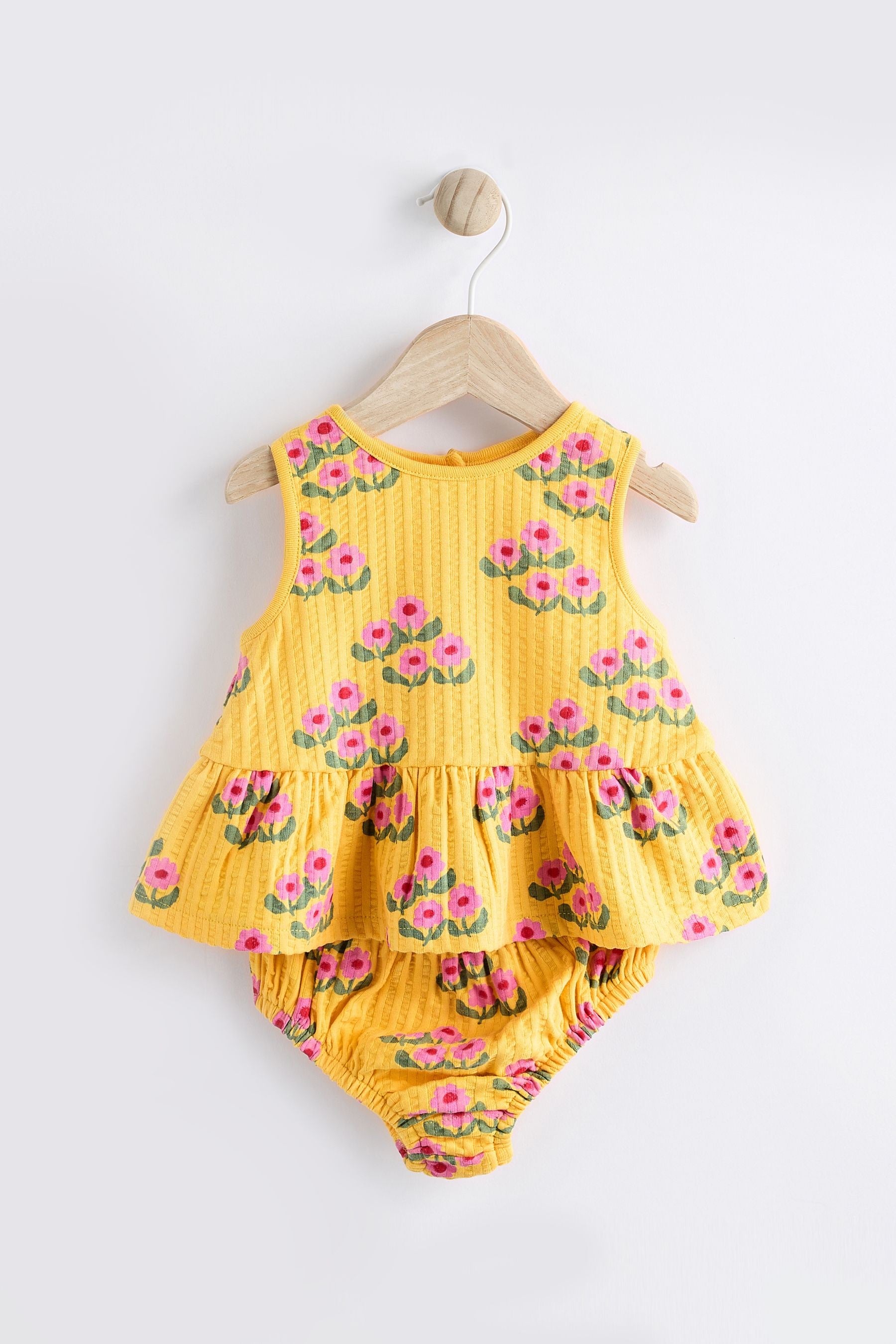 Ochre Yellow Floral Baby Peplum 100% Cotton Vest and Bloomer Shorts Set 2 Piece