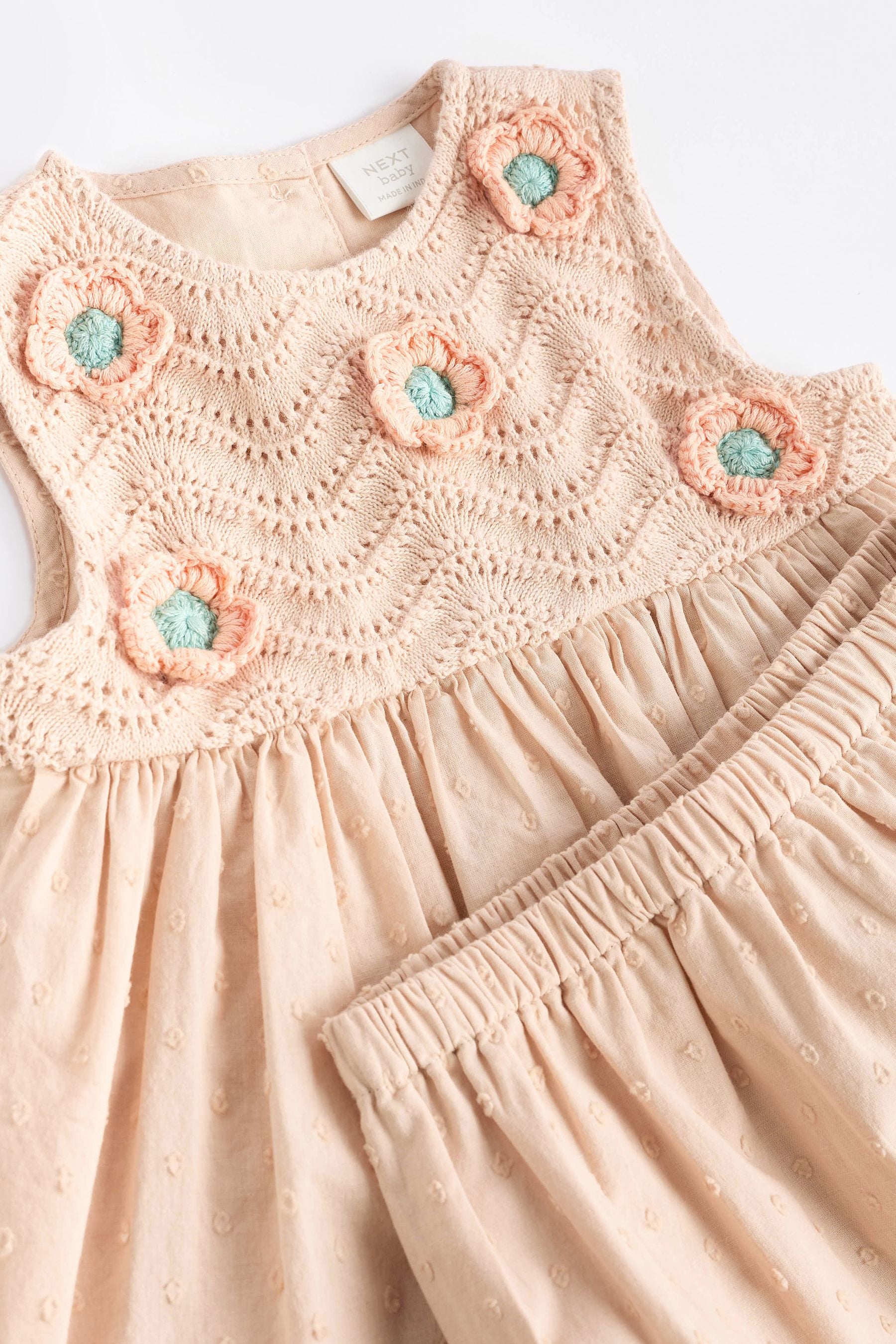 Beige Crochet Detail Baby 100% Cotton Woven Dress And Bloomer Set (0mths-2yrs)