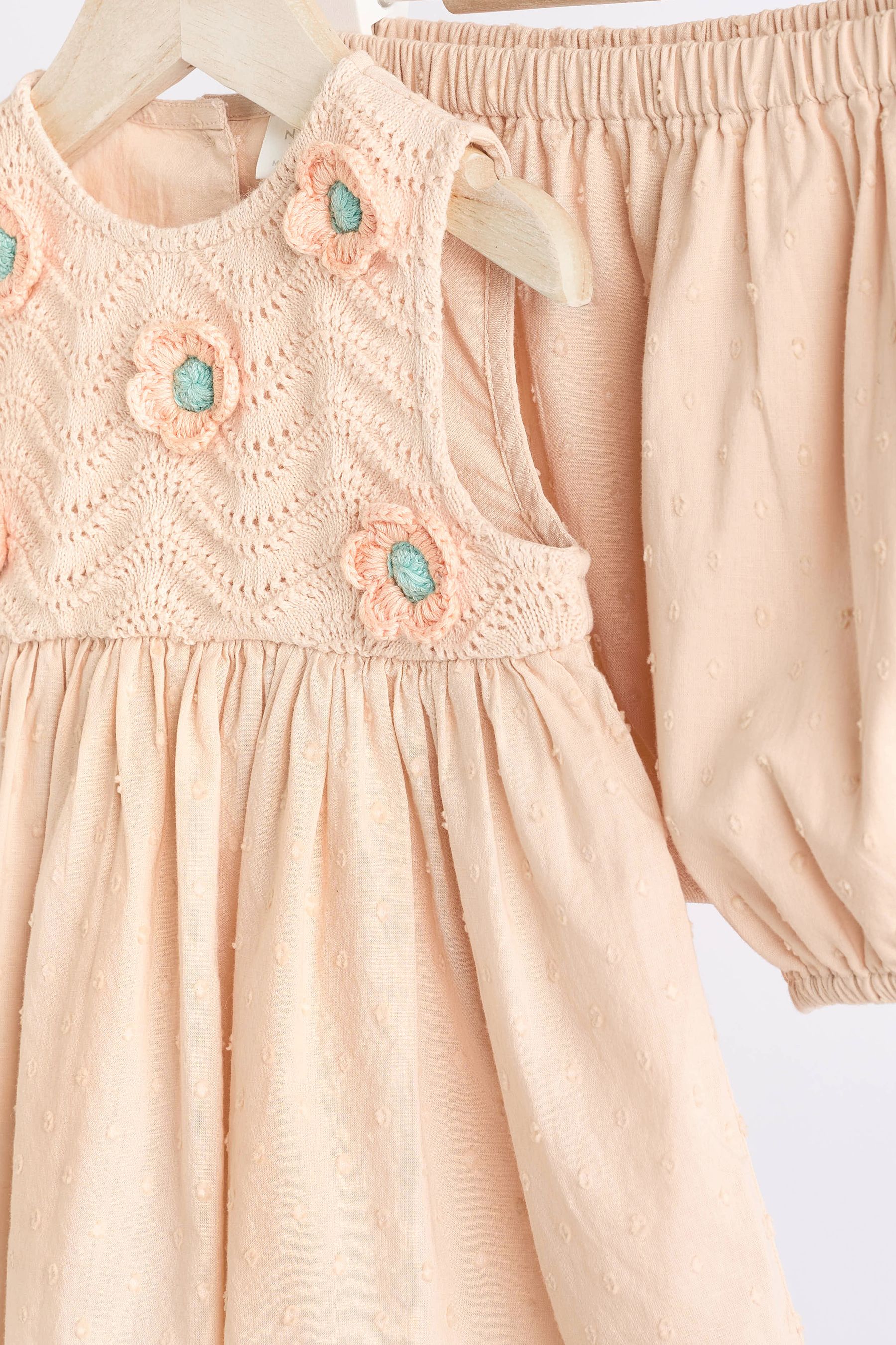 Beige Crochet Detail Baby 100% Cotton Woven Dress And Bloomer Set (0mths-2yrs)