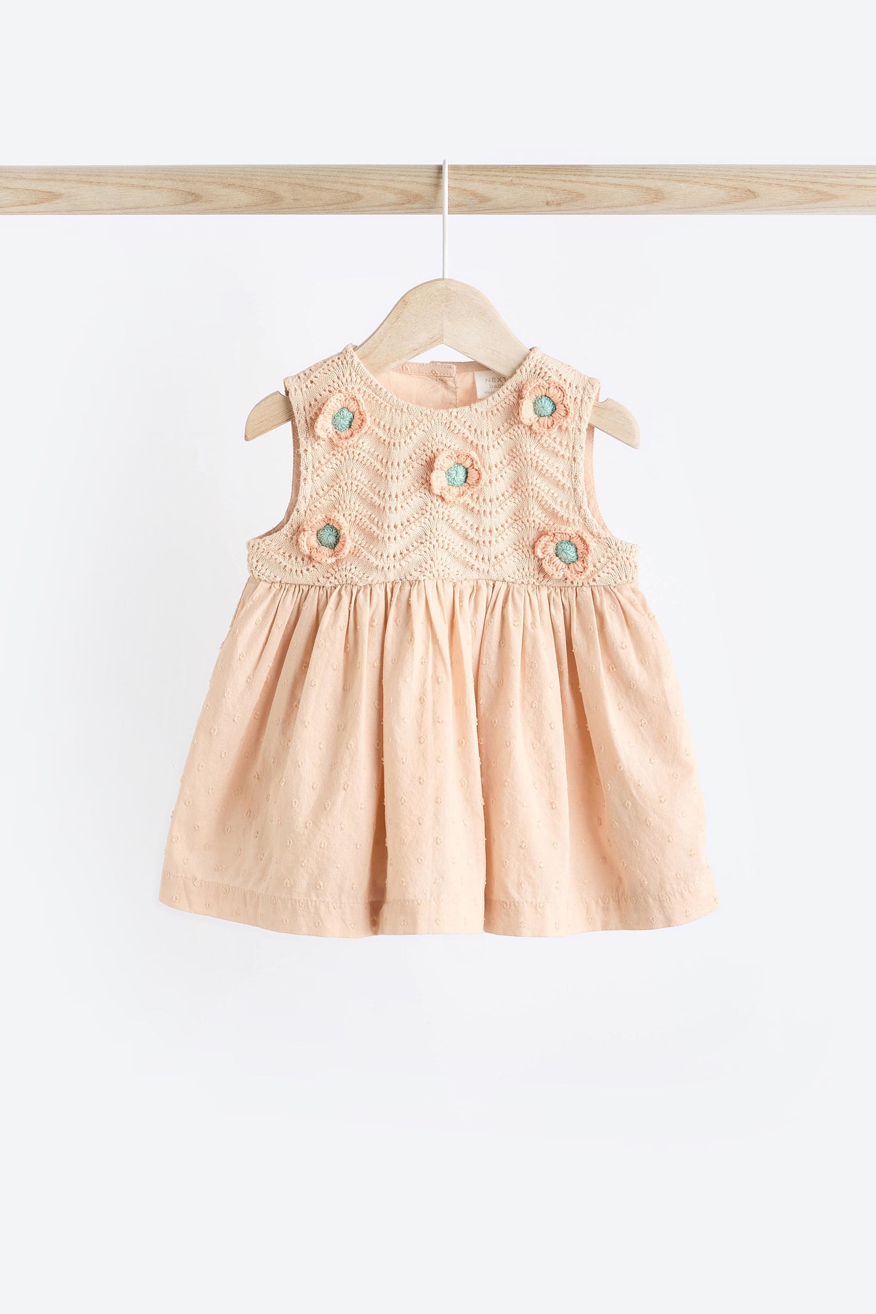 Beige Crochet Detail Baby 100% Cotton Woven Dress And Bloomer Set (0mths-2yrs)