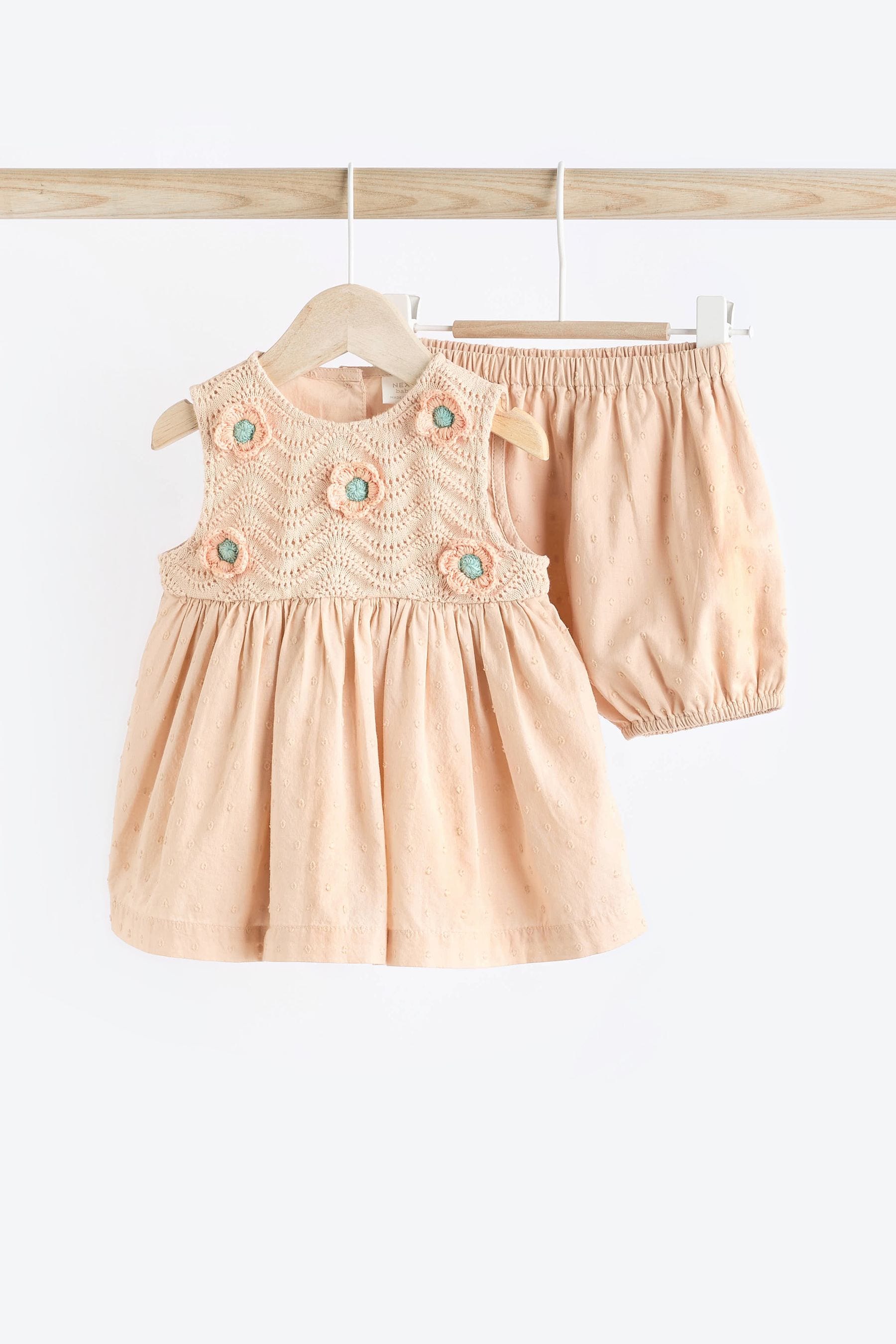 Beige Crochet Detail Baby 100% Cotton Woven Dress And Bloomer Set (0mths-2yrs)