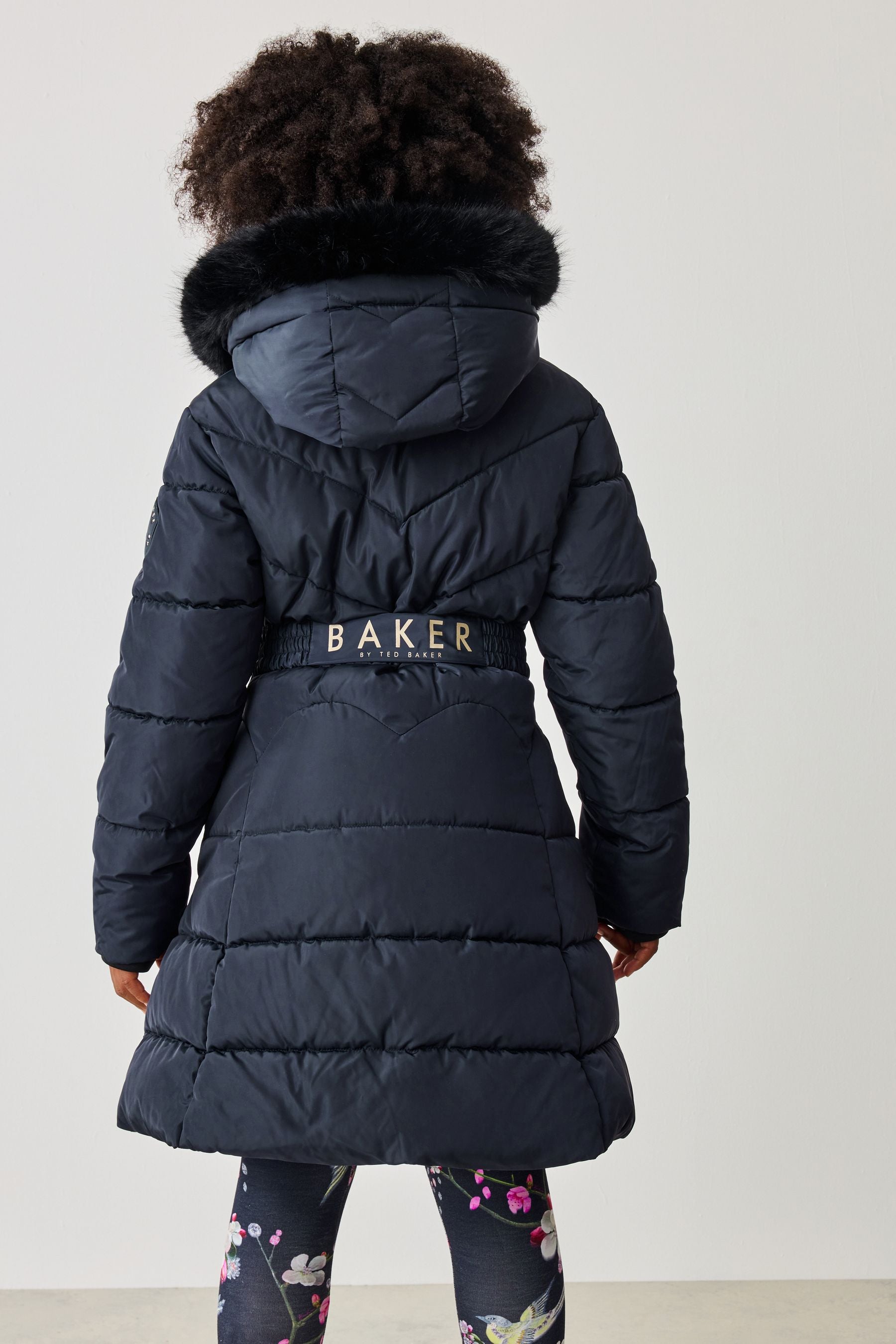 Baker by Ted Baker Navy Shower Resistant Padded Belted Skirt Coat