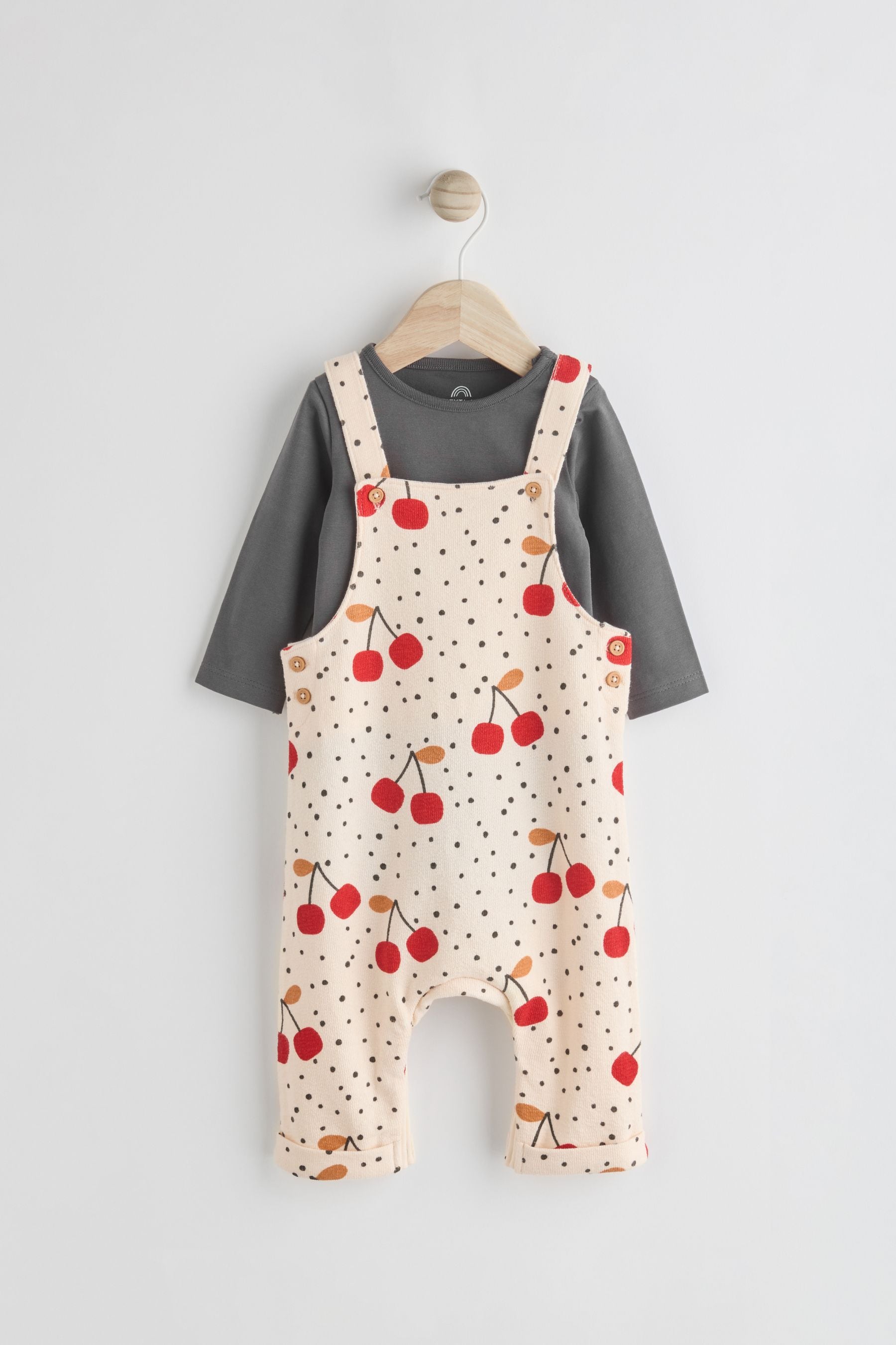 Cream Cherry Print Baby Jersey Dungarees & Long Sleeve 100% Cotton Bodysuit Set (0mths-2yrs)