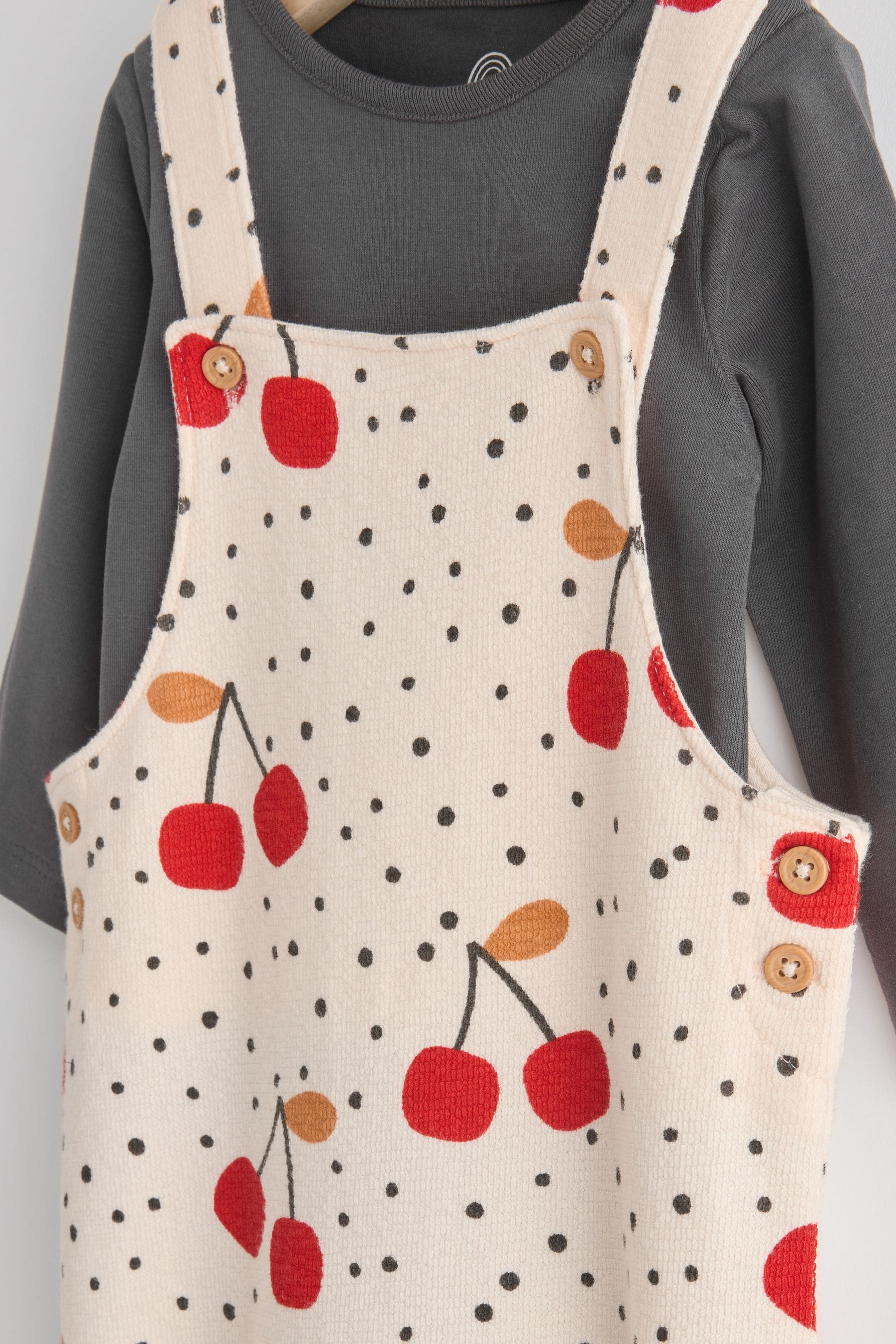 Cream Cherry Print Baby Jersey Dungarees & Long Sleeve 100% Cotton Bodysuit Set (0mths-2yrs)