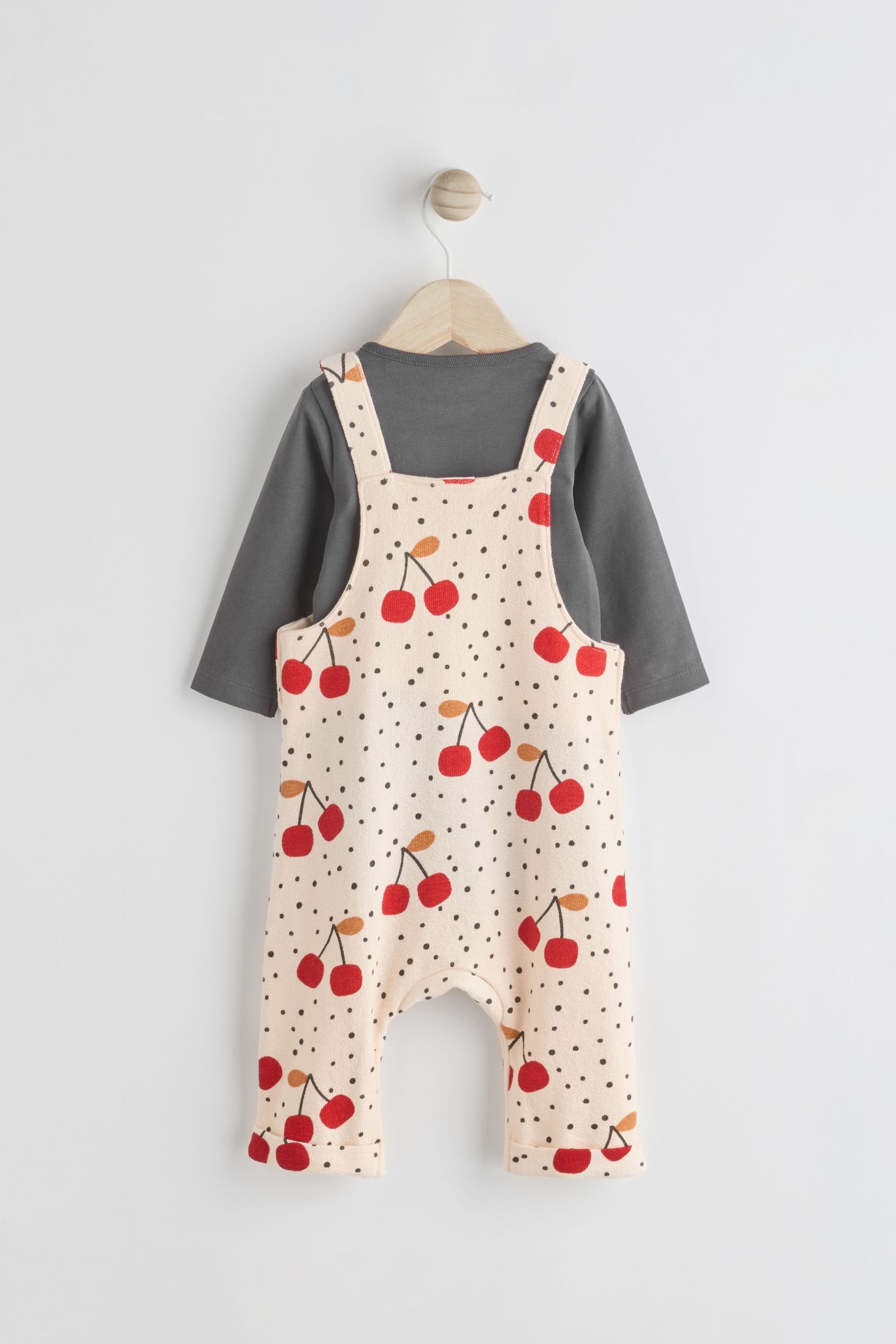 Cream Cherry Print Baby Jersey Dungarees & Long Sleeve 100% Cotton Bodysuit Set (0mths-2yrs)