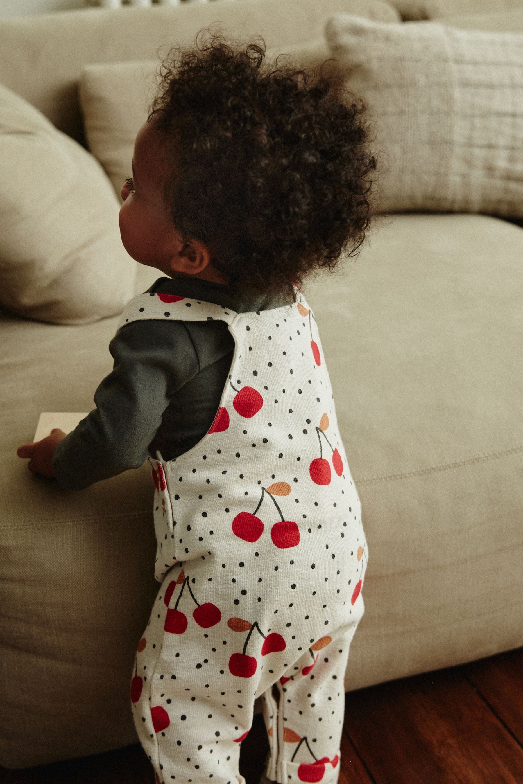 Cream Cherry Print Baby Jersey Dungarees & Long Sleeve 100% Cotton Bodysuit Set (0mths-2yrs)