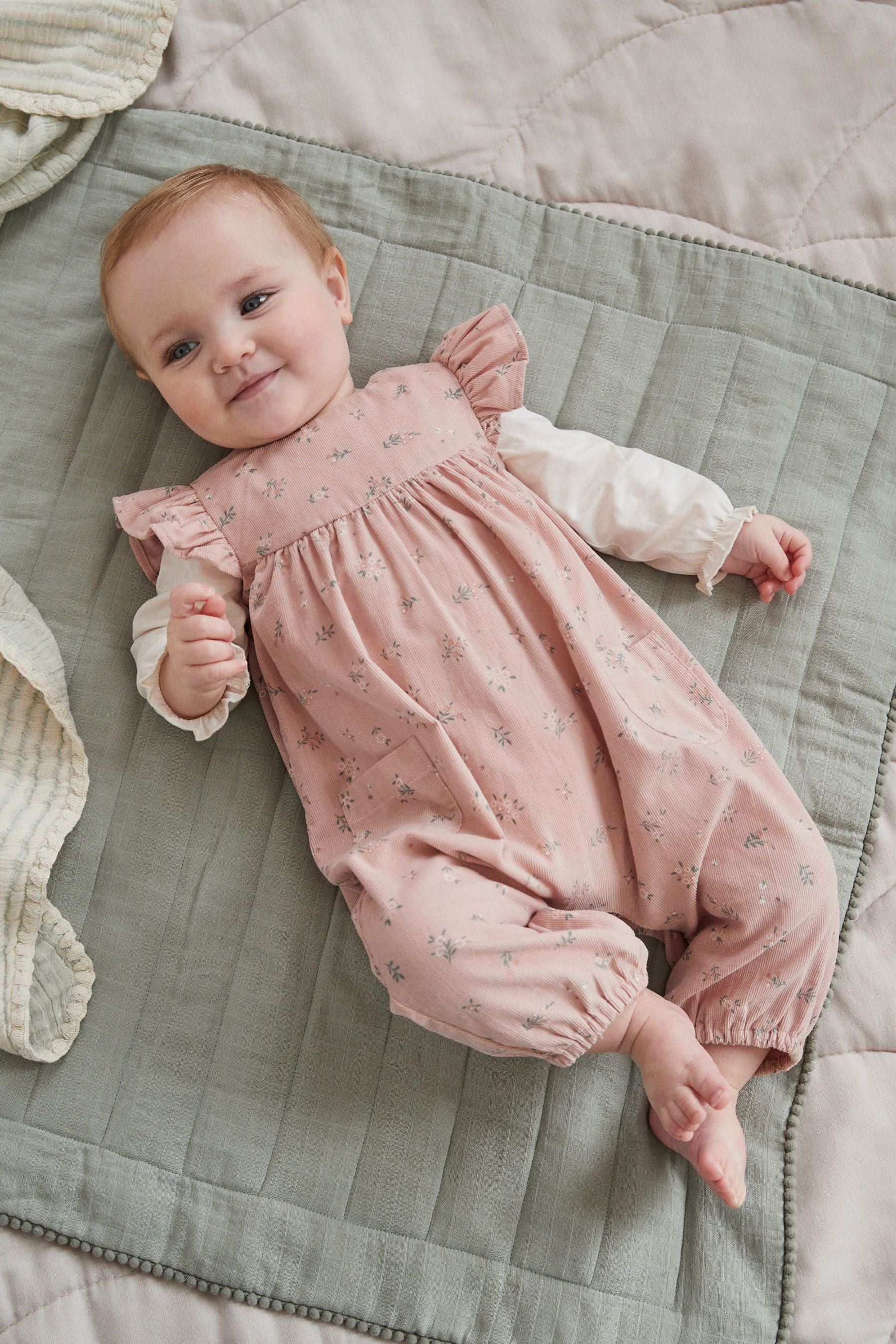 Pink Floral Baby Corduroy 100% Cotton Dungarees and Long Sleeve Bodysuit Set (0mths-2yrs)