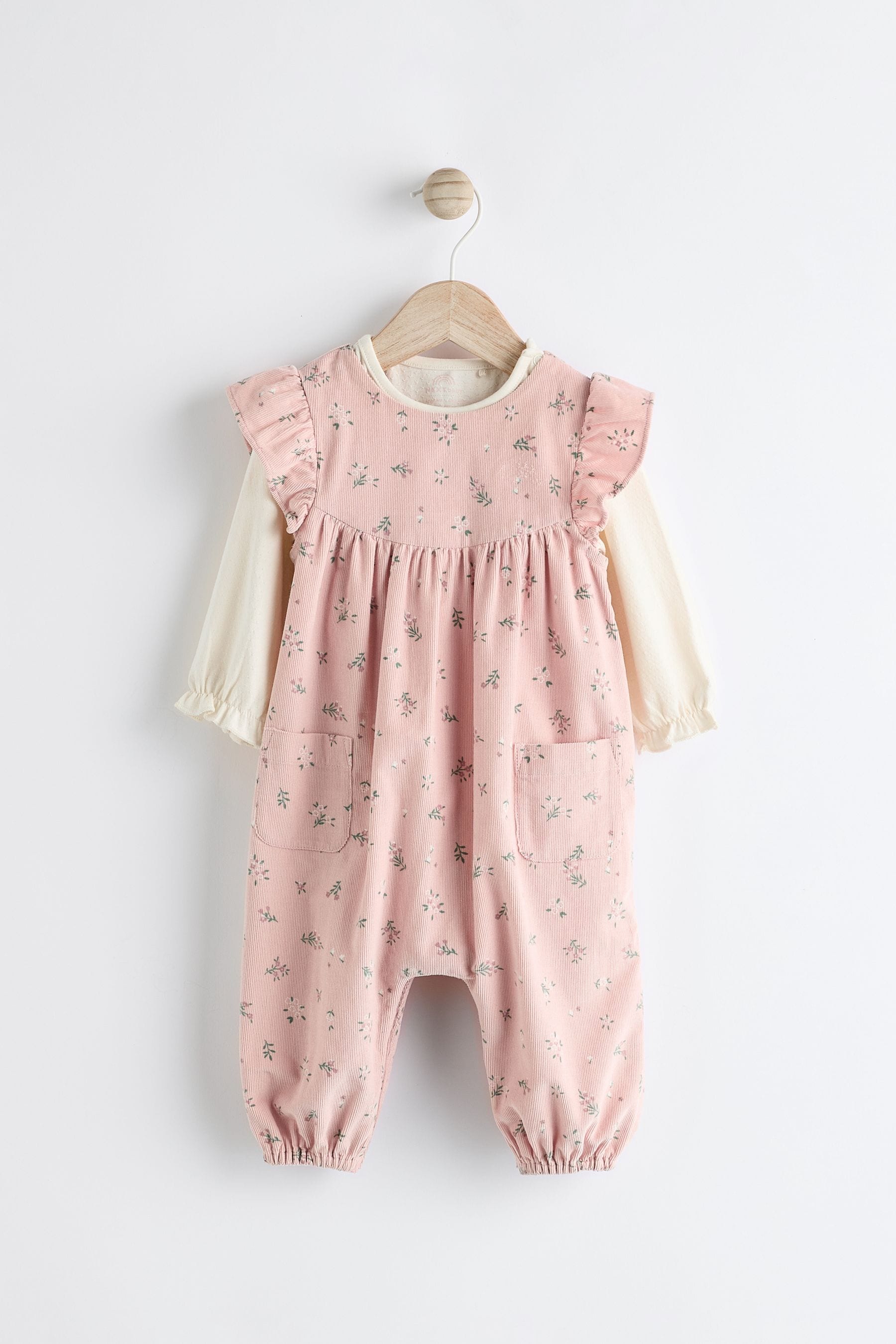 Pink Floral Baby Corduroy 100% Cotton Dungarees and Long Sleeve Bodysuit Set (0mths-2yrs)